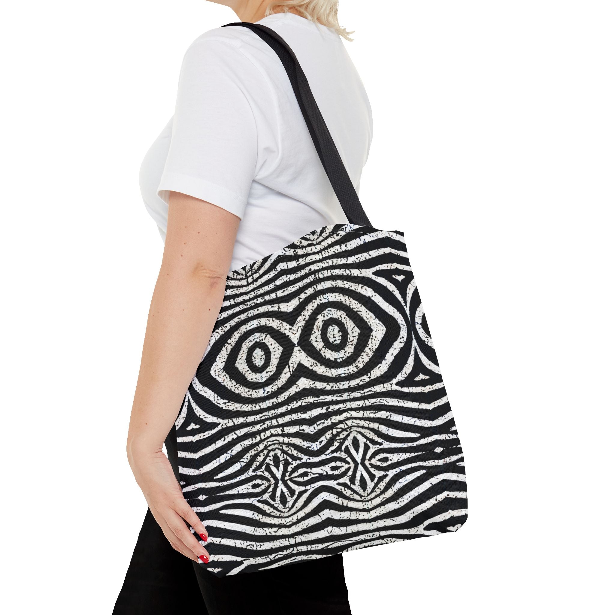 Trendy Black and White Tote Bag with Abstract Pattern | Stylish and Versatile Carryall - Angel Body