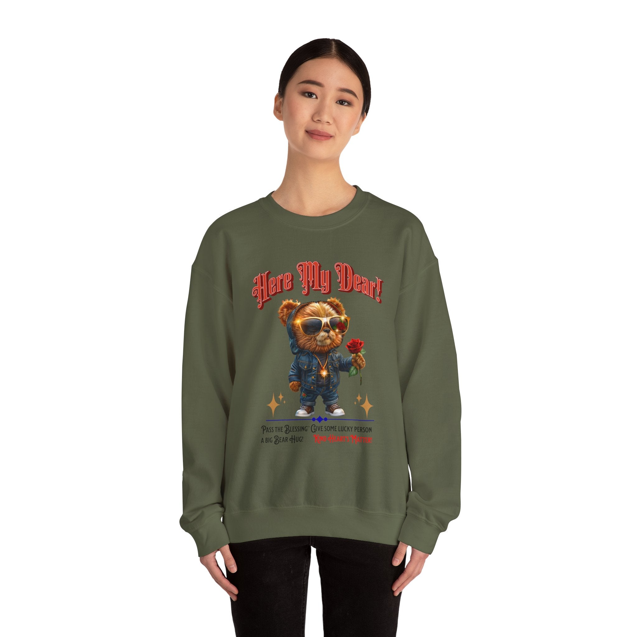 Unisex Sweatshirt: HERE MY DEAR Teddy Bear with red Rose - Angel Body
