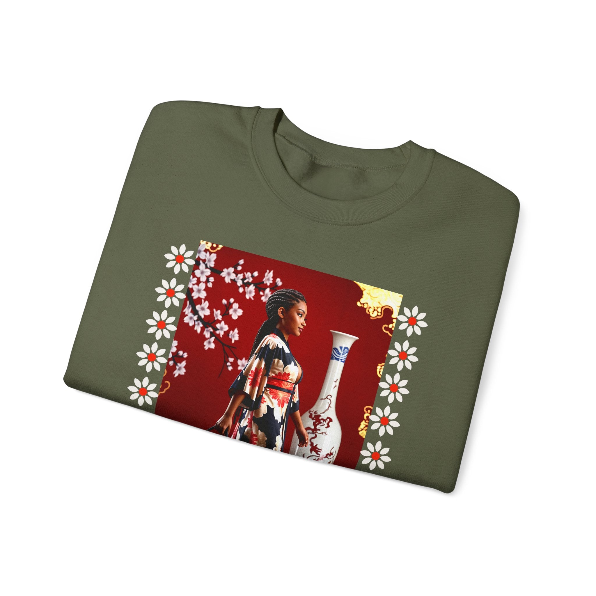 Elegant Asian-Inspired Graphic Crewneck Sweatshirt - Angel Body