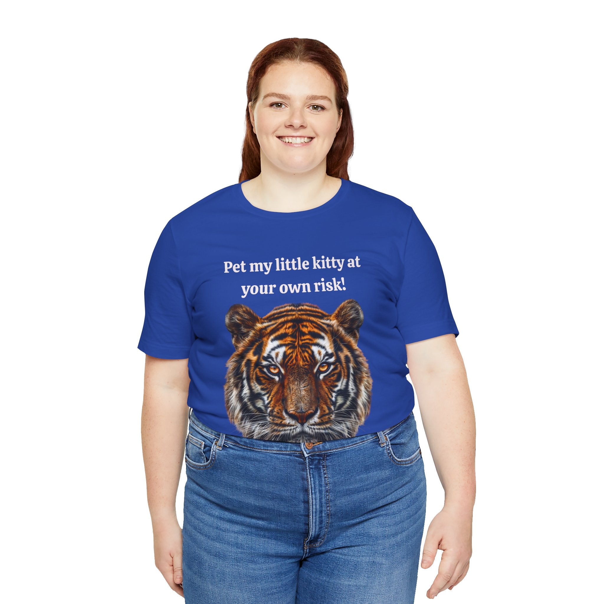 Unisex Jersey Short Sleeve Fun Tiger Print Tee: Pet my little kitty at your own risk - Angel Body