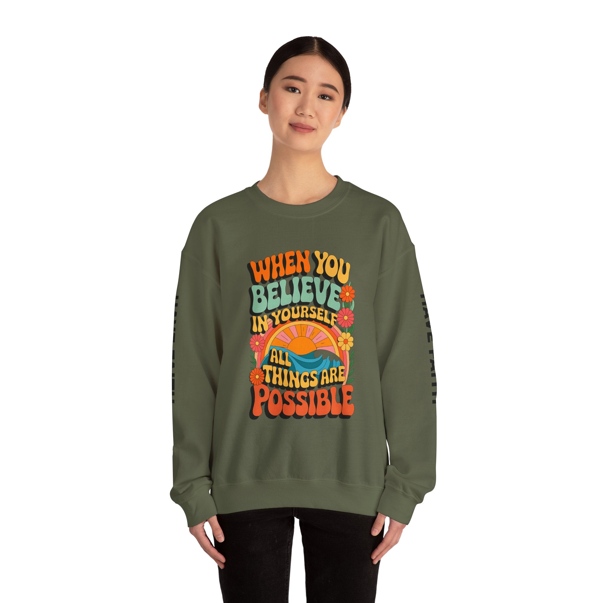 Inspirational Crewneck Sweatshirt - "Believe in Yourself" - Unisex Heavy Blend™ - Angel Body