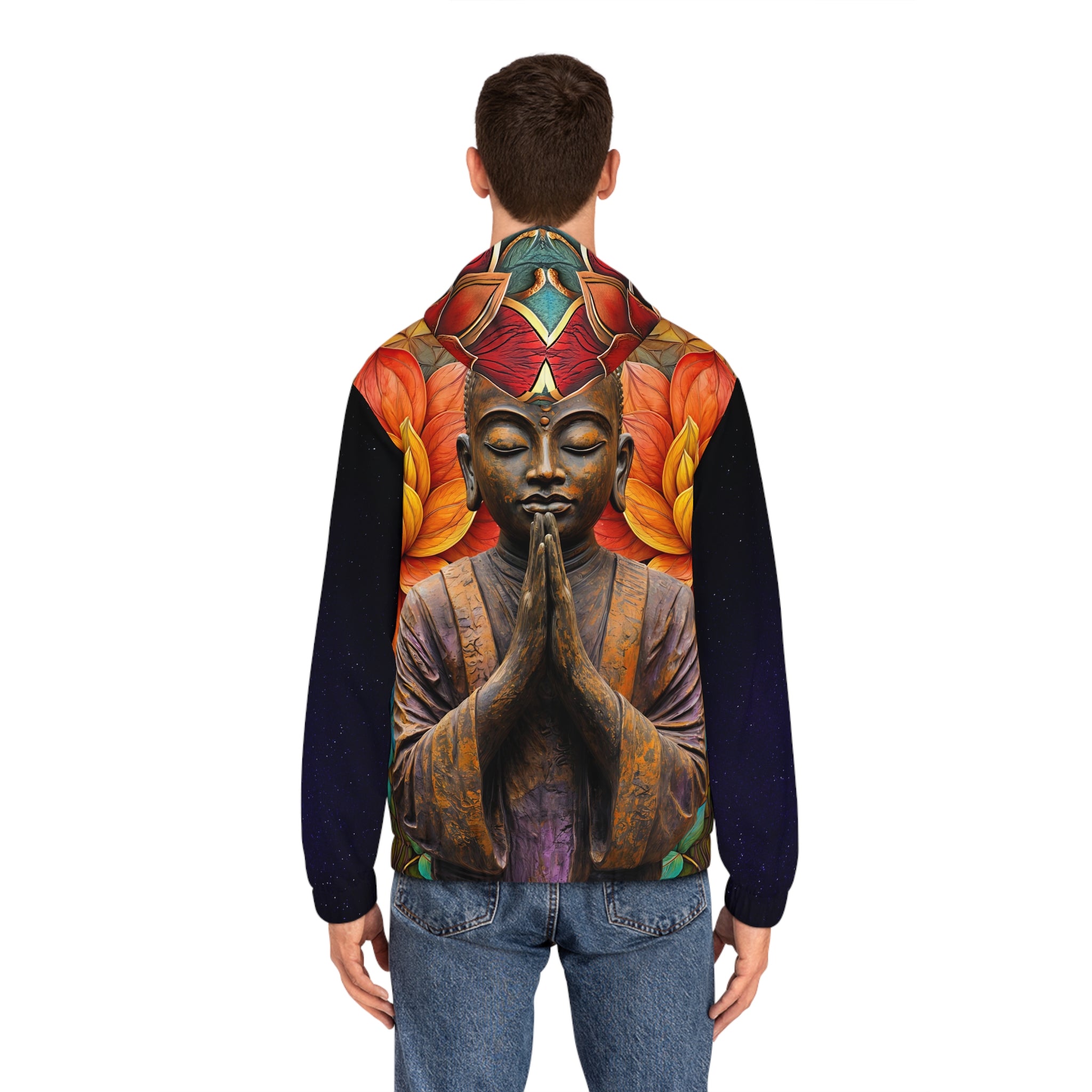 Men's Full-Zip Hoodie - Serene Buddha Floral Design - Angel Body