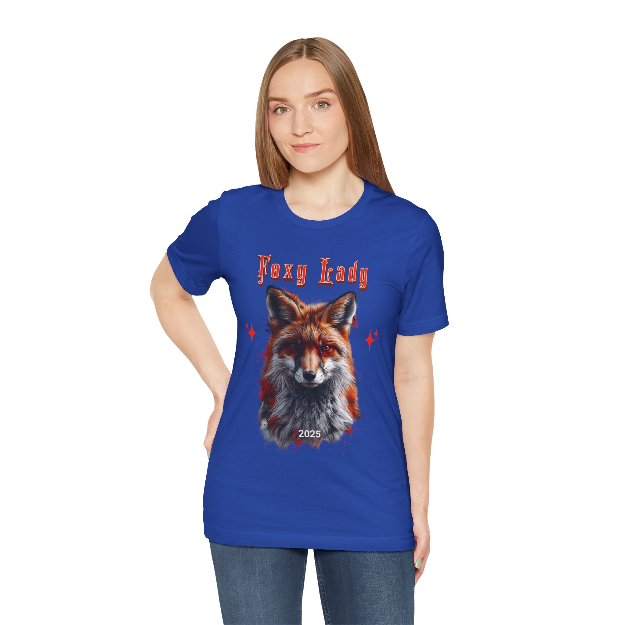 Unisex Jersey Short Sleeve Tee: A beautiful Red Fox with the words foxy lady - Angel Body