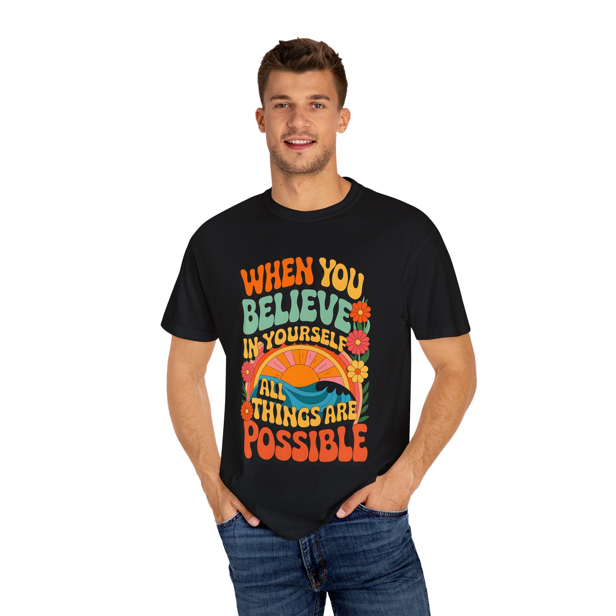 Motivational Unisex Garment-Dyed T-Shirt - 'Believe in Yourself' Design - Angel Body