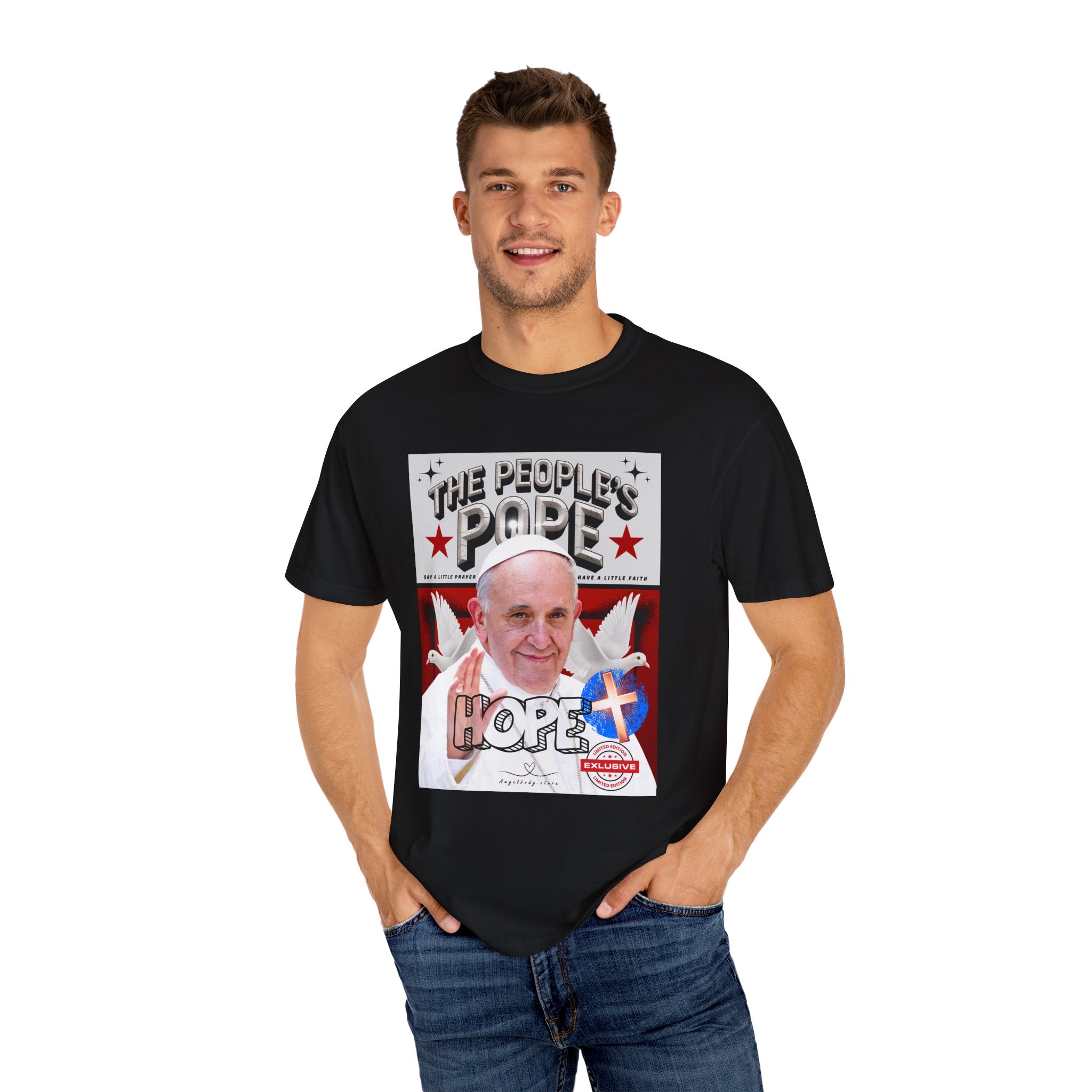 Hope-Filled Unisex Garment-Dyed T-Shirt featuring Pope Francis - Angel Body