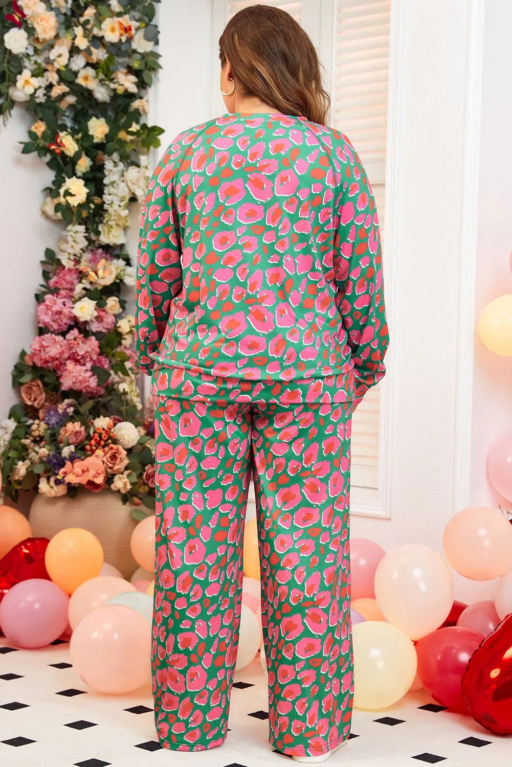 Plus Size Printed Round Neck Long Sleeve Top and Pants Set - Angel Body