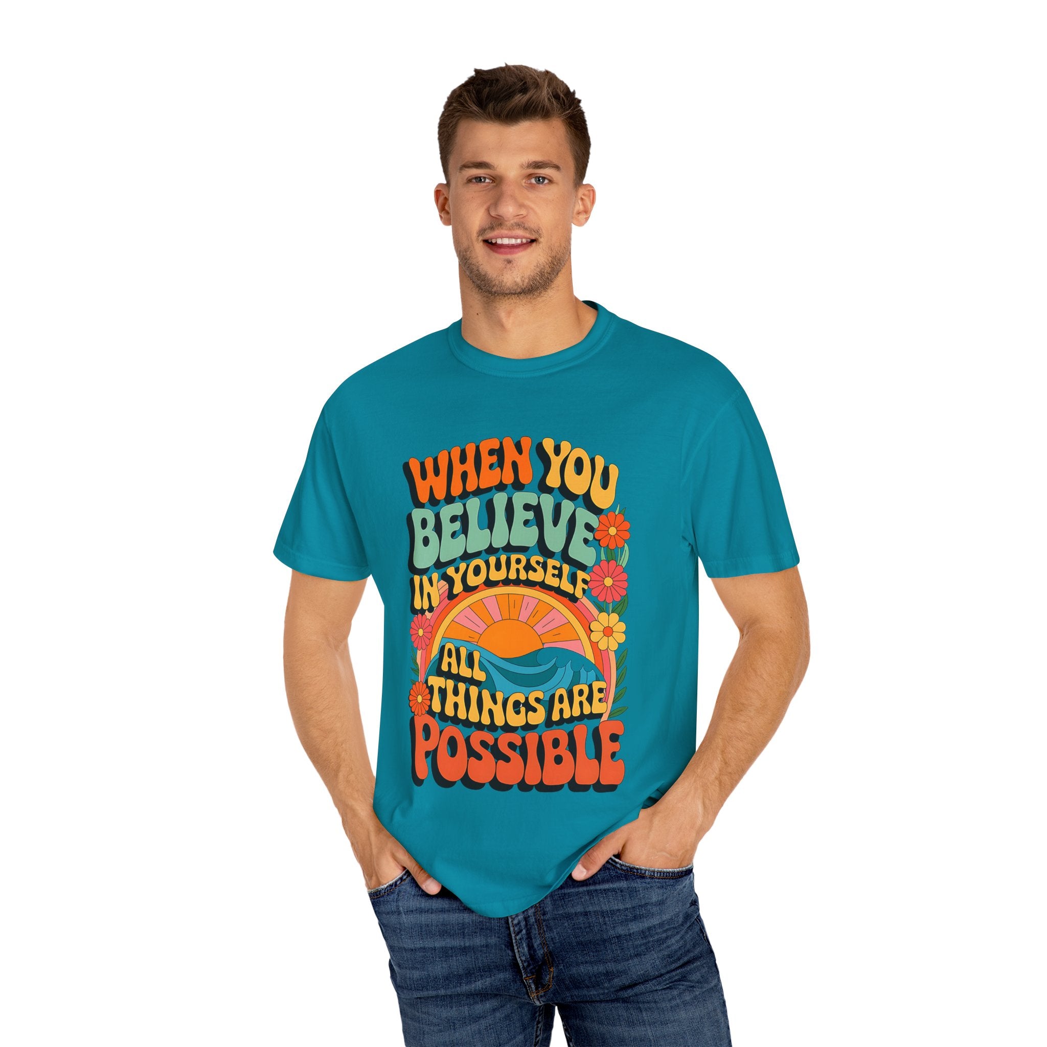 Motivational Unisex Garment-Dyed T-Shirt - 'Believe in Yourself' Design - Angel Body
