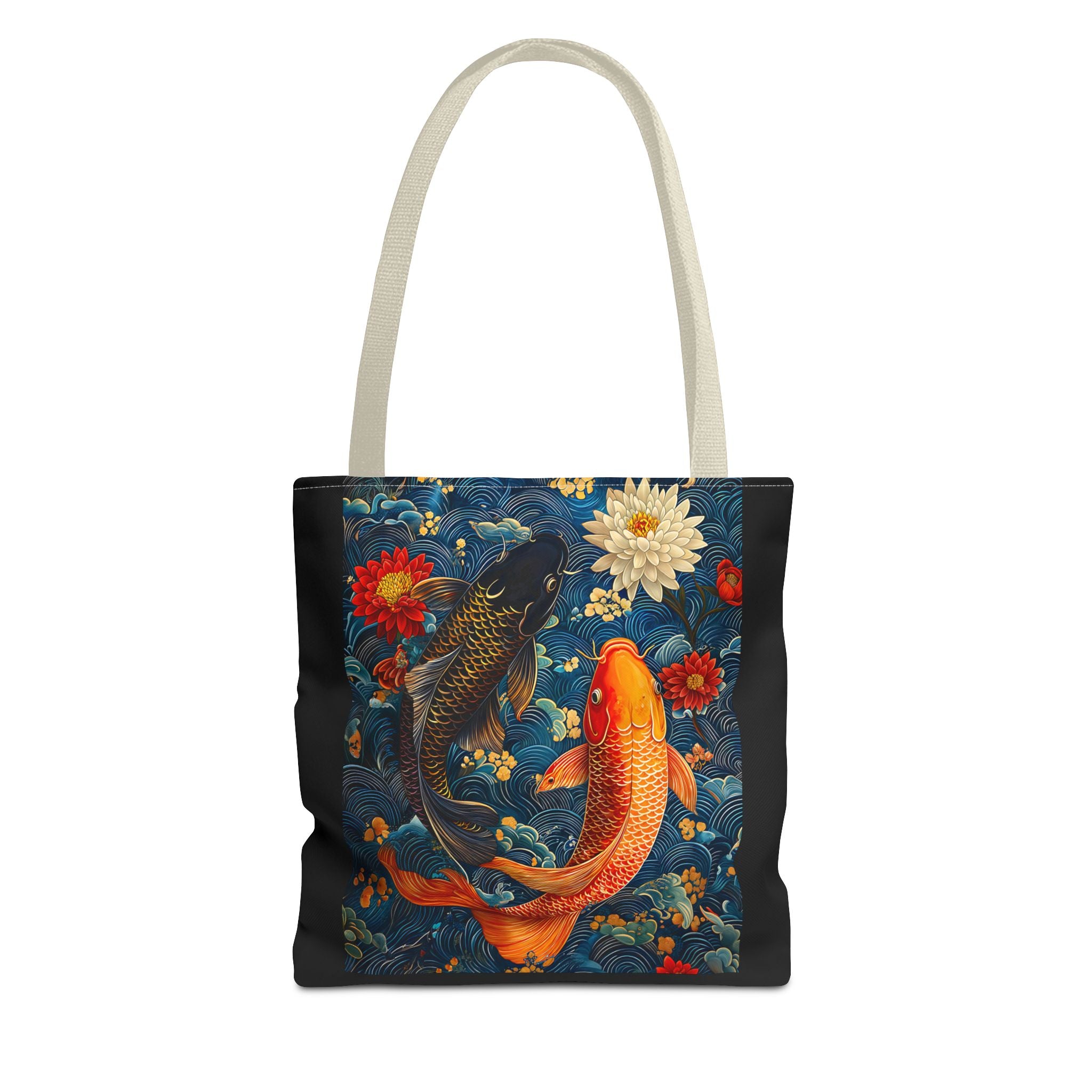 Elegant Koi Fish Tote Bag - Bright Blue Floral Design - Angel Body