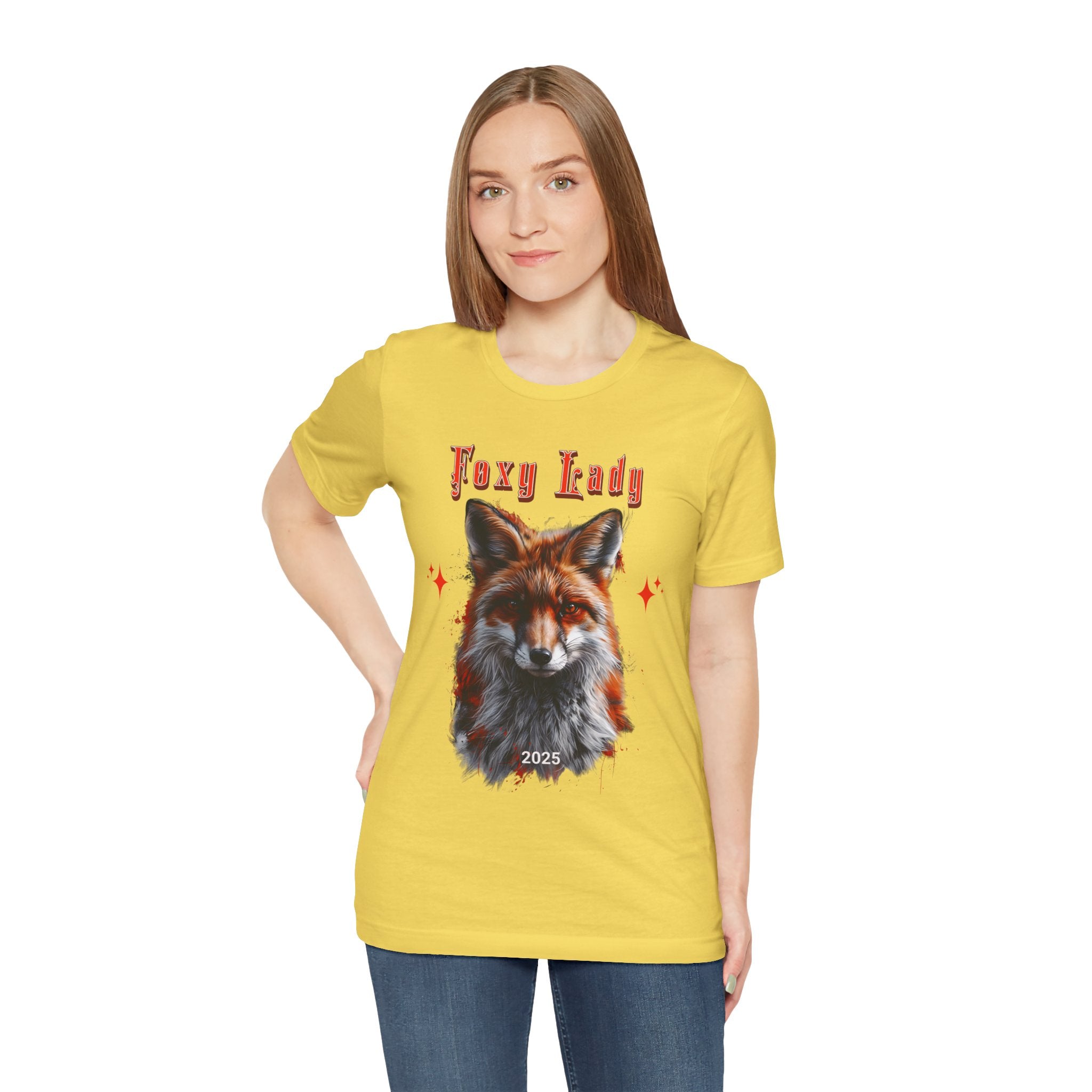 Unisex Jersey Short Sleeve Tee: A beautiful Red Fox with the words foxy lady - Angel Body