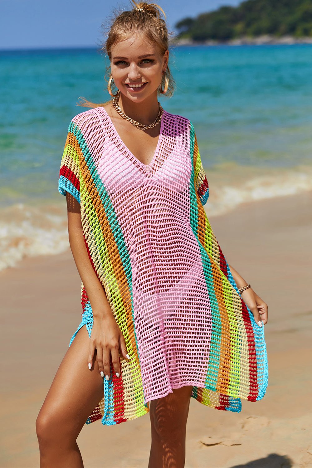 Double Take Openwork Striped Slit Knit Cover Up - Angel Body