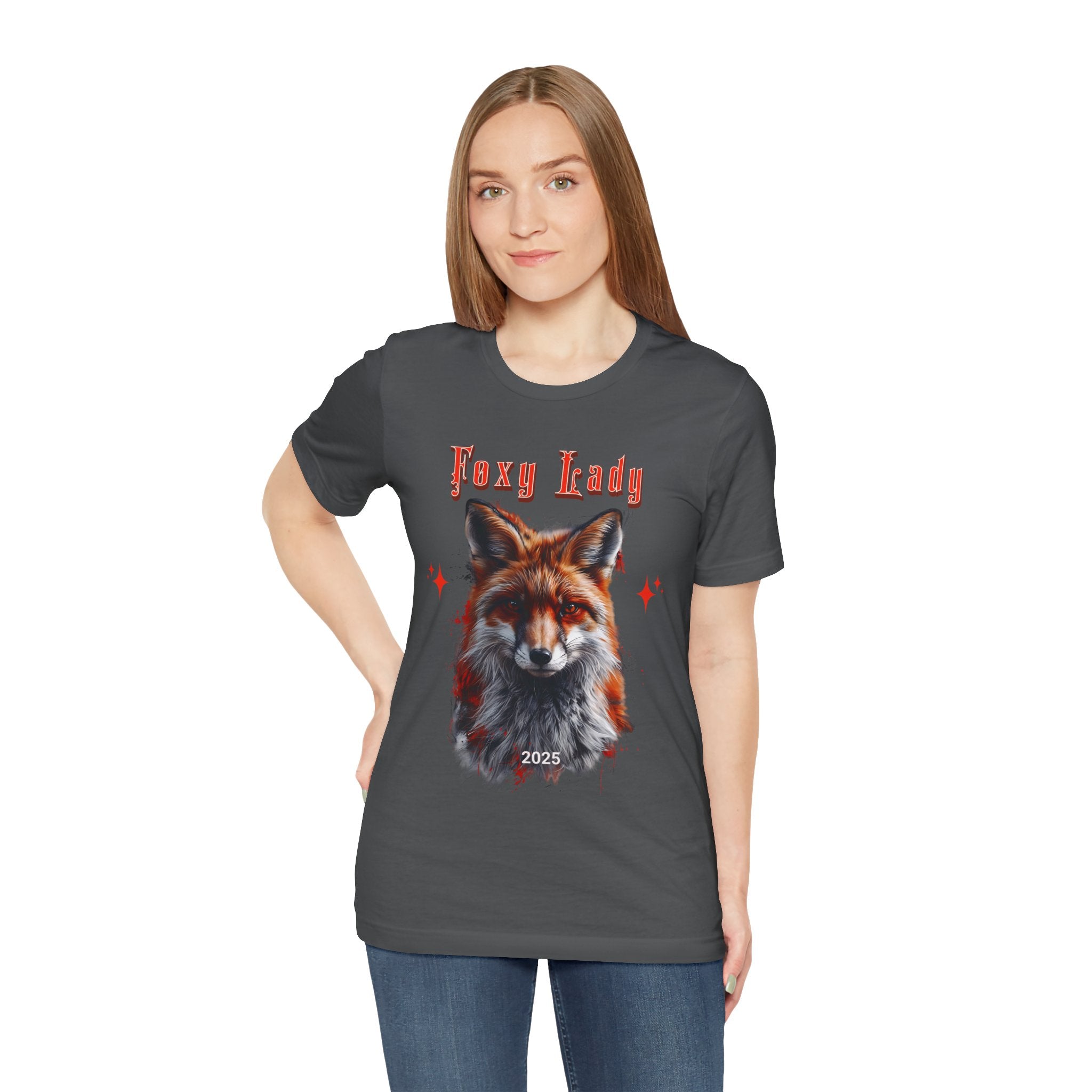 Unisex Jersey Short Sleeve Tee: A beautiful Red Fox with the words foxy lady - Angel Body