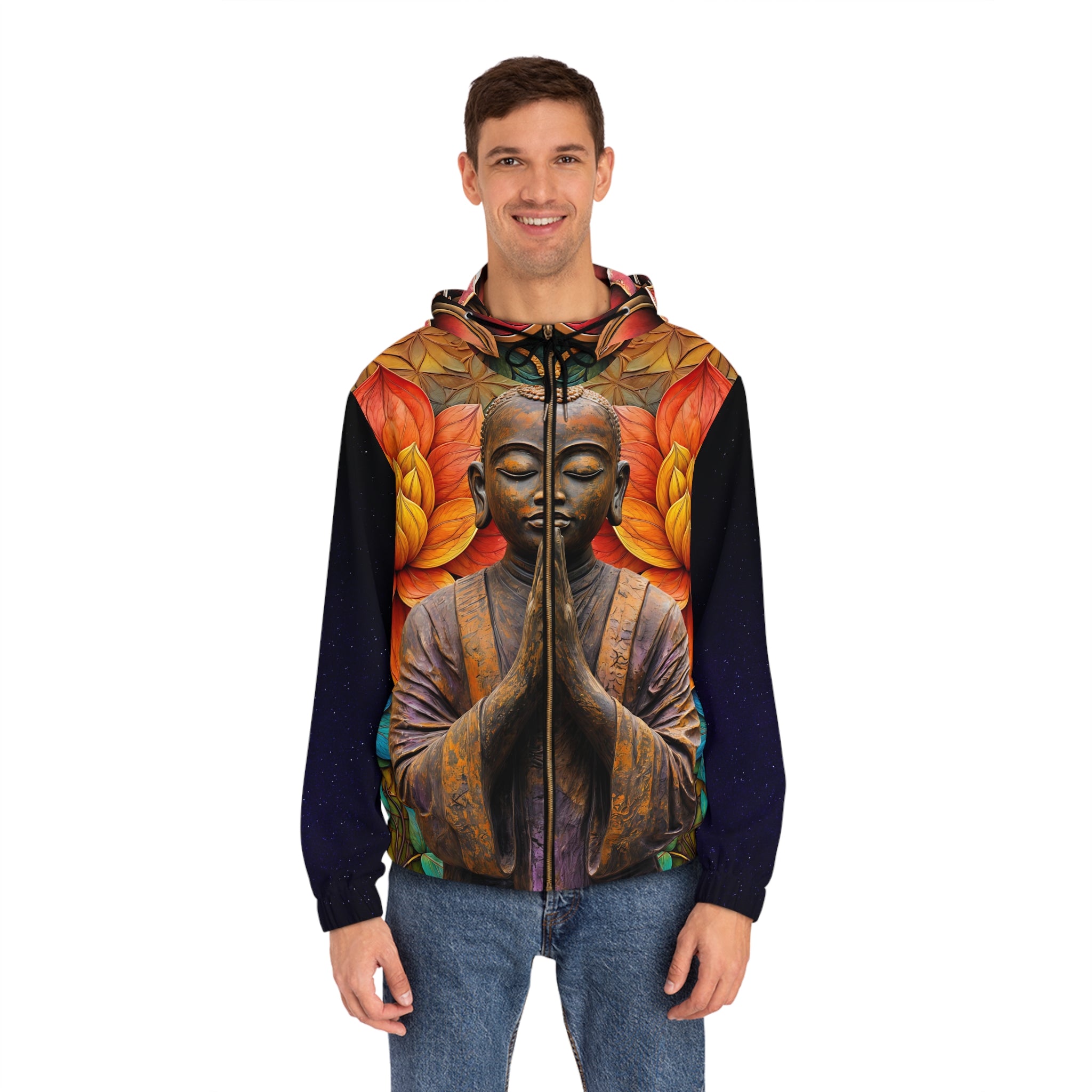 Men's Full-Zip Hoodie - Serene Buddha Floral Design - Angel Body