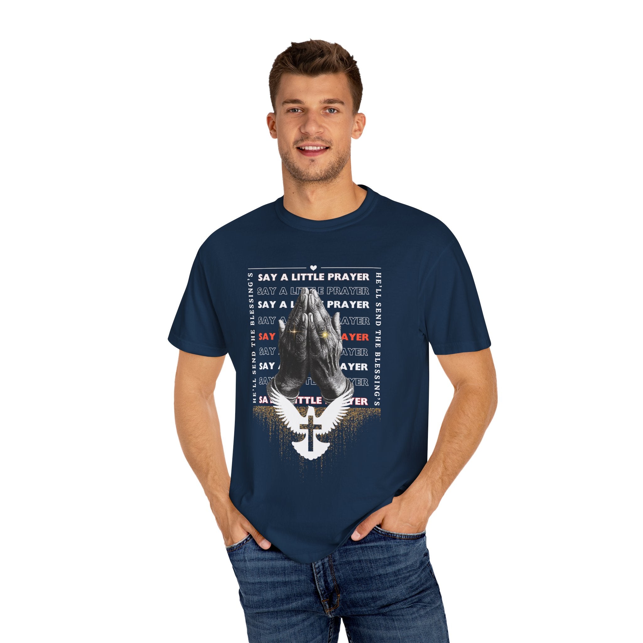 Navy Prayer Graphic Unisex T-Shirt - Say A Little Prayer Design - Angel Body