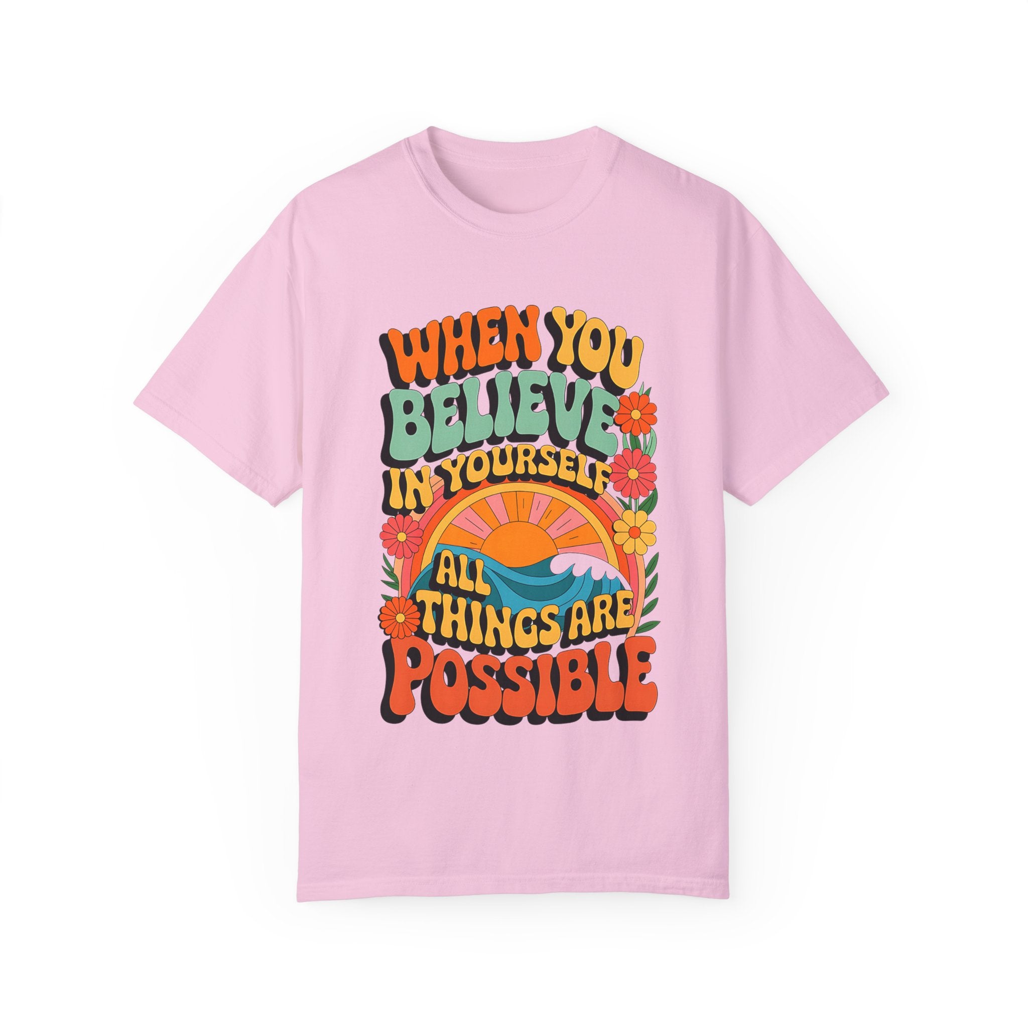 Motivational Unisex Garment-Dyed T-Shirt - 'Believe in Yourself' Design - Angel Body