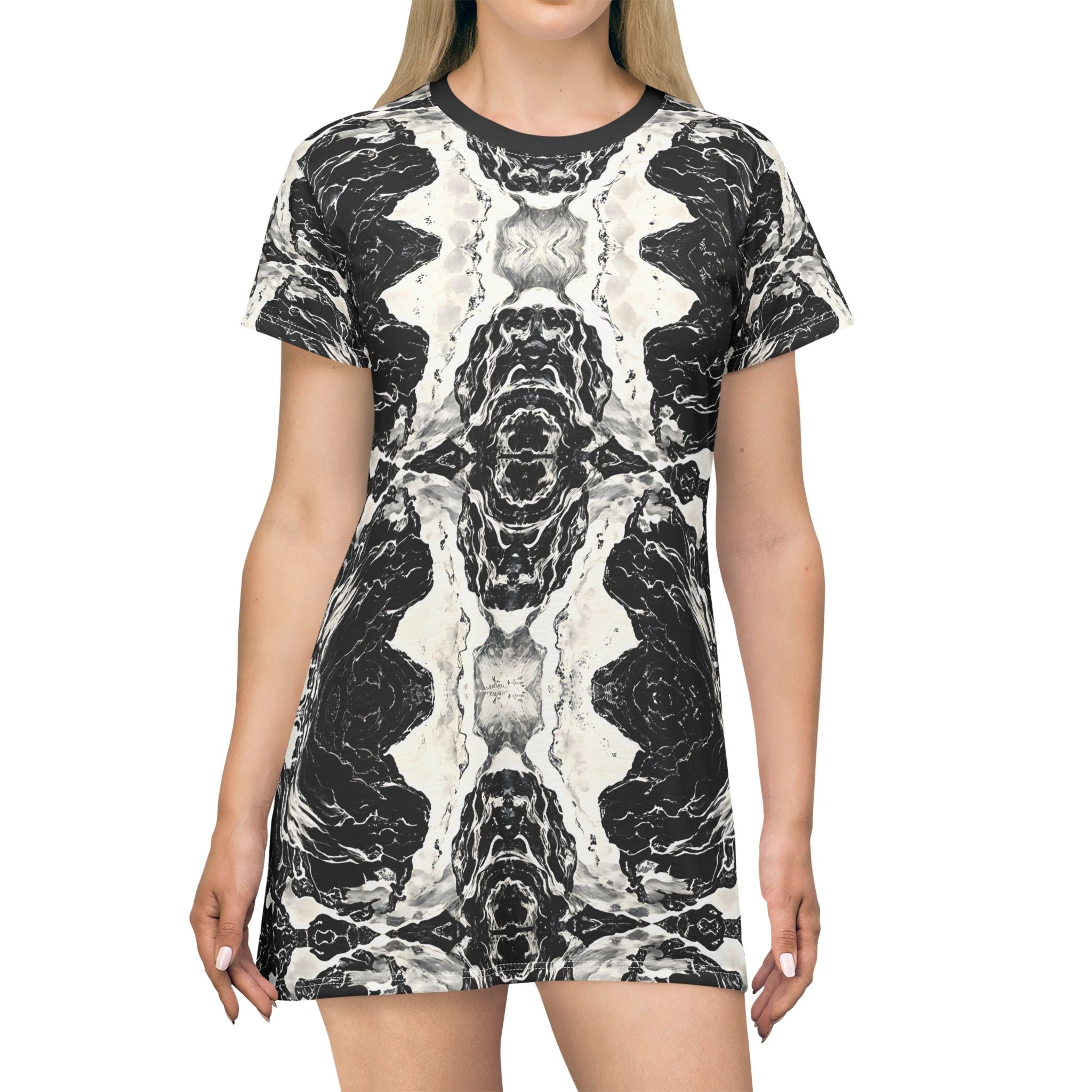 Woman Bohemian Floral T-Shirt Dress - Black & White Abstract Design for Summer Days - Angel Body