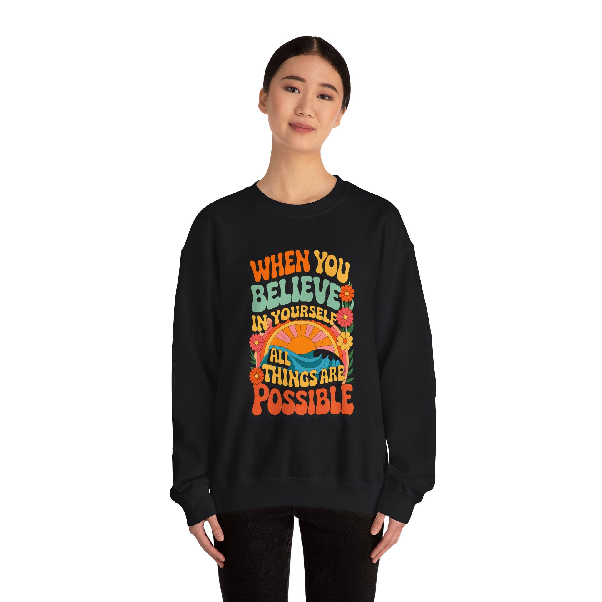 Inspirational Crewneck Sweatshirt - "Believe in Yourself" - Unisex Heavy Blend™ - Angel Body
