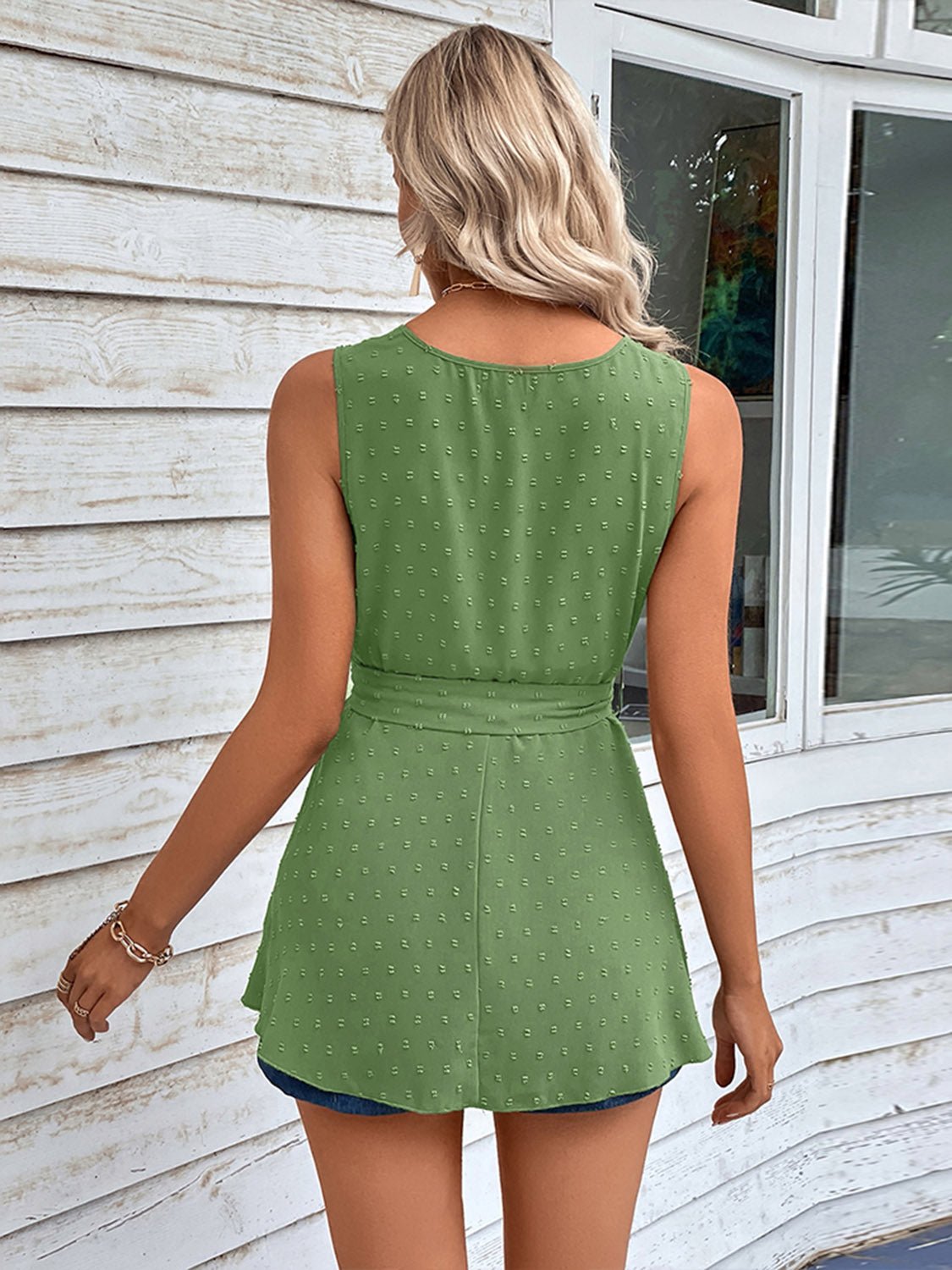 Swiss Dot Tie Waist Tank Top - Angel Body