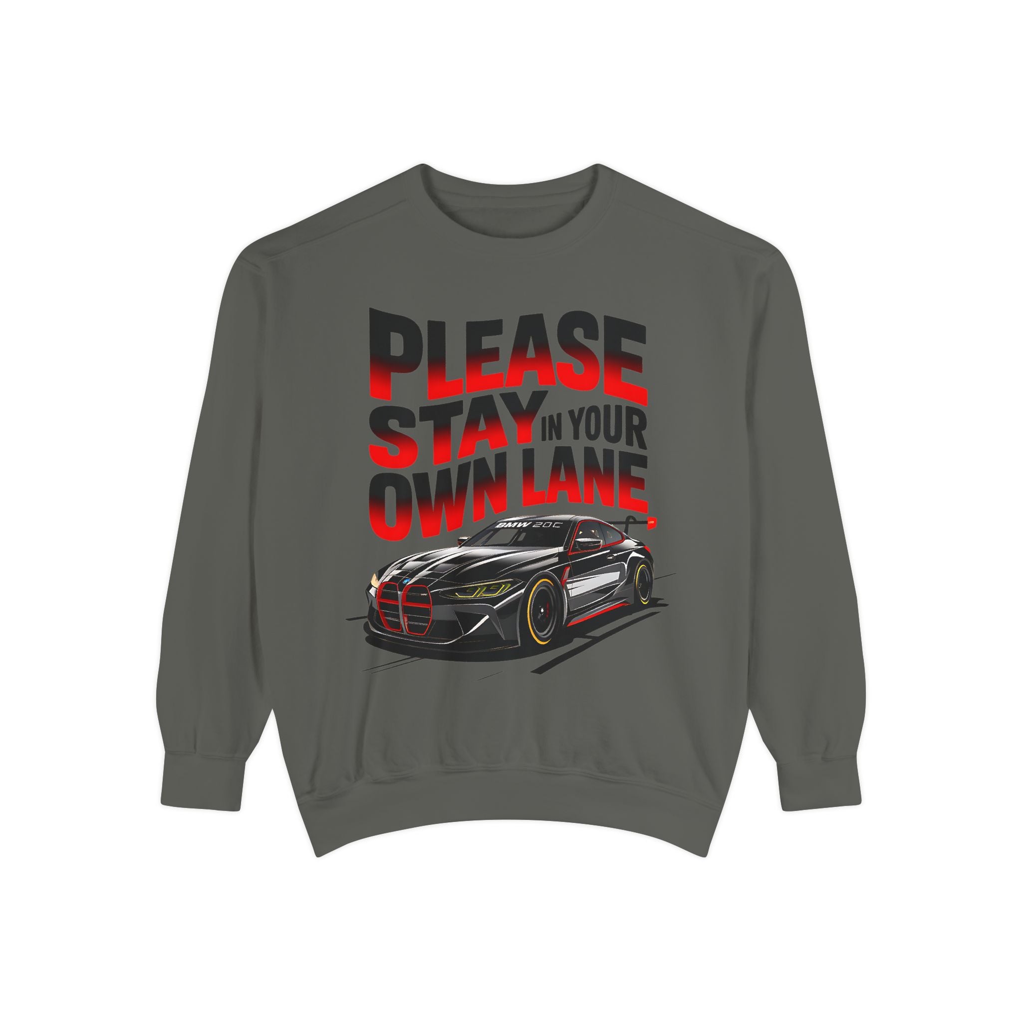 Unisex Garment-Dyed Sweatshirt - 'Please Stay In Your Own Lane' Racing Design - Angel Body
