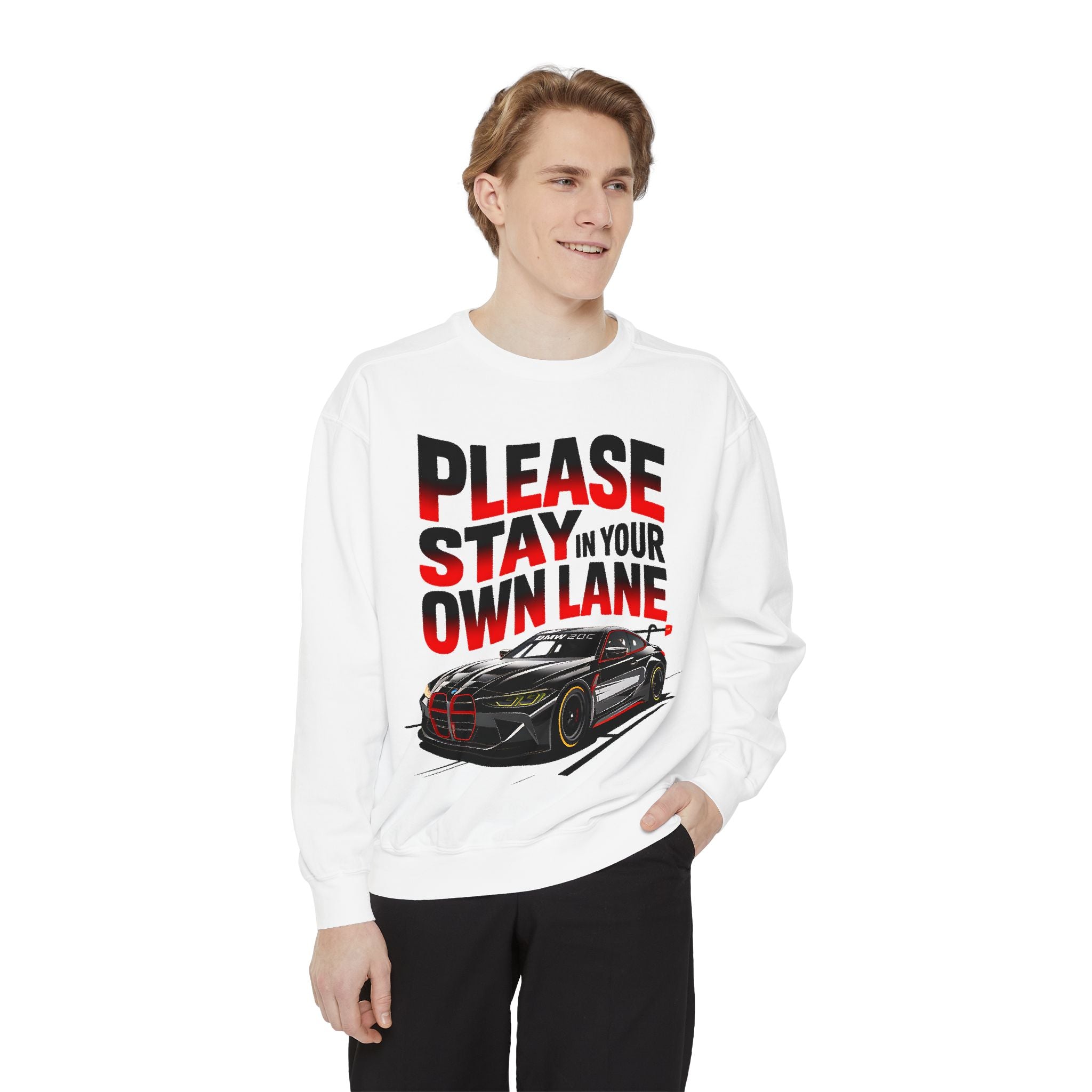 Unisex Garment-Dyed Sweatshirt - 'Please Stay In Your Own Lane' Racing Design - Angel Body