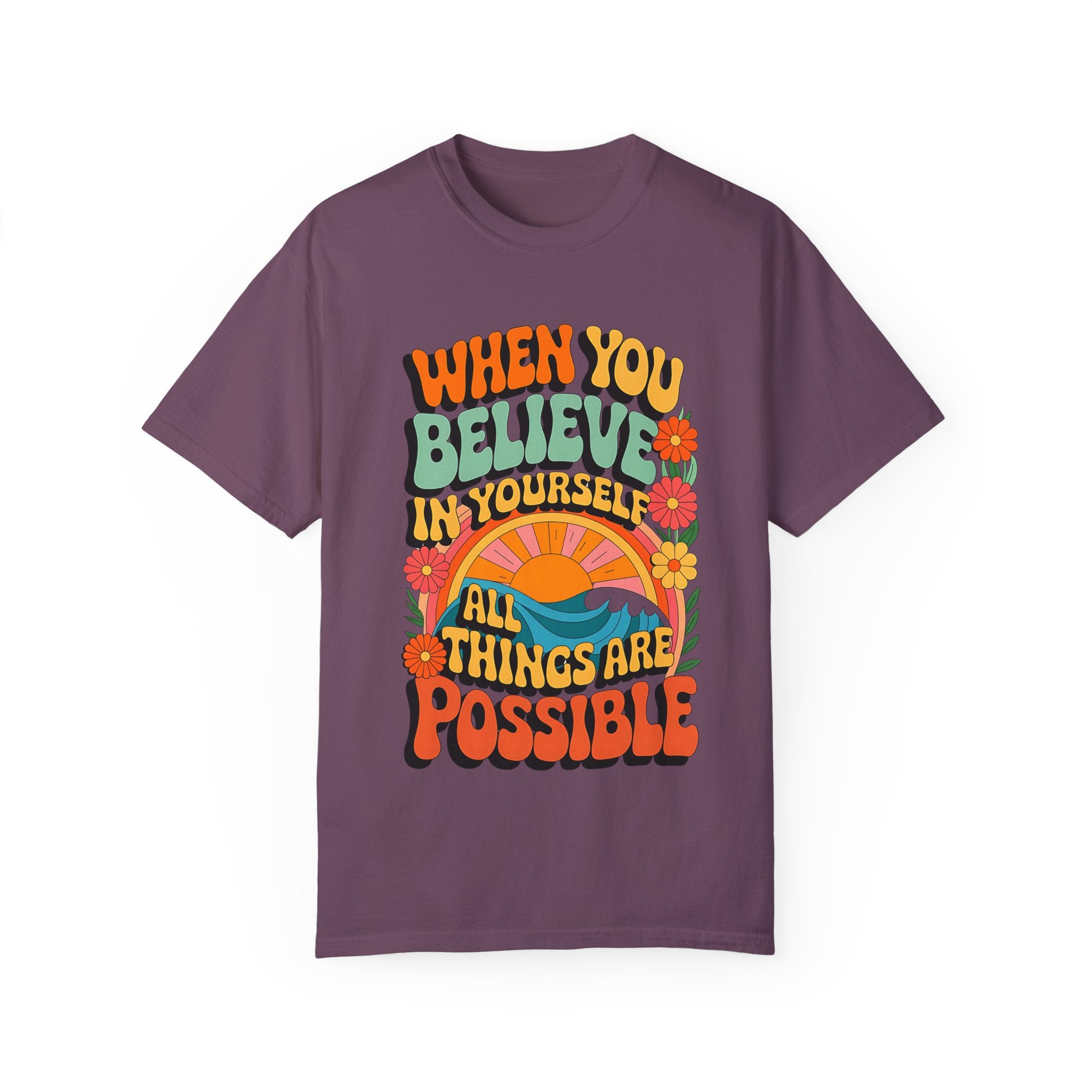 Motivational Unisex Garment-Dyed T-Shirt - 'Believe in Yourself' Design - Angel Body