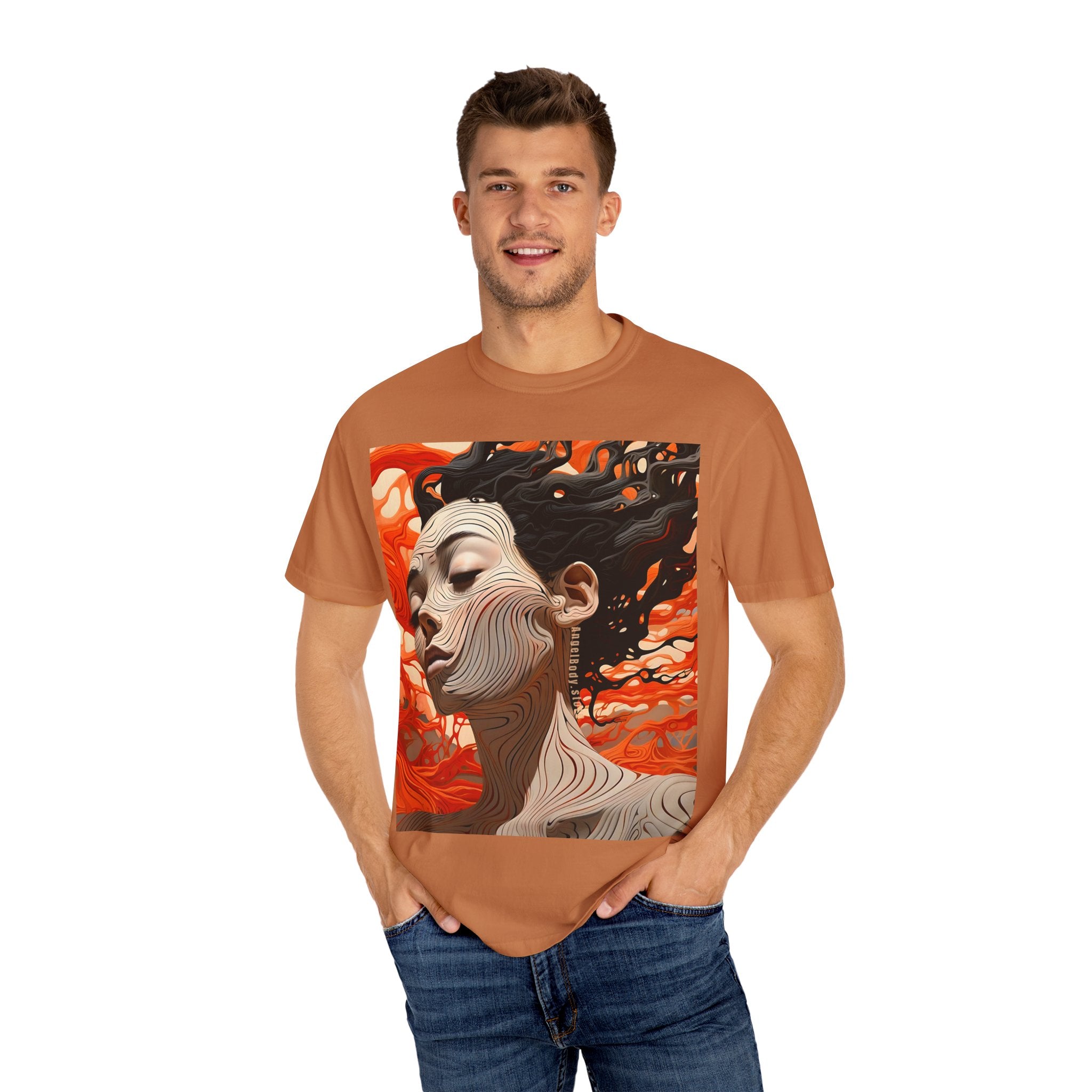 Artistic Unisex Garment-Dyed T-Shirt with Abstract female face Profile Design - Angel Body