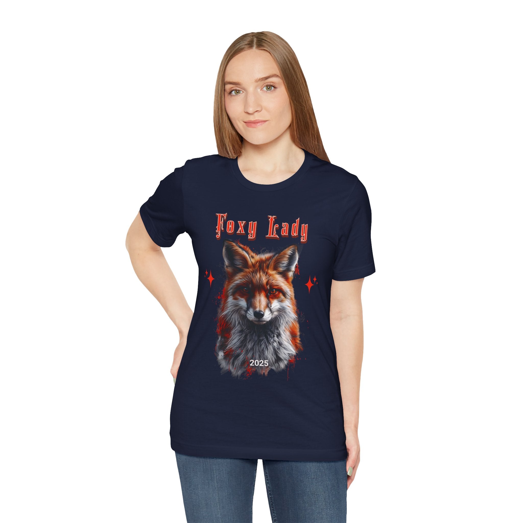 Unisex Jersey Short Sleeve Tee: A beautiful Red Fox with the words foxy lady - Angel Body