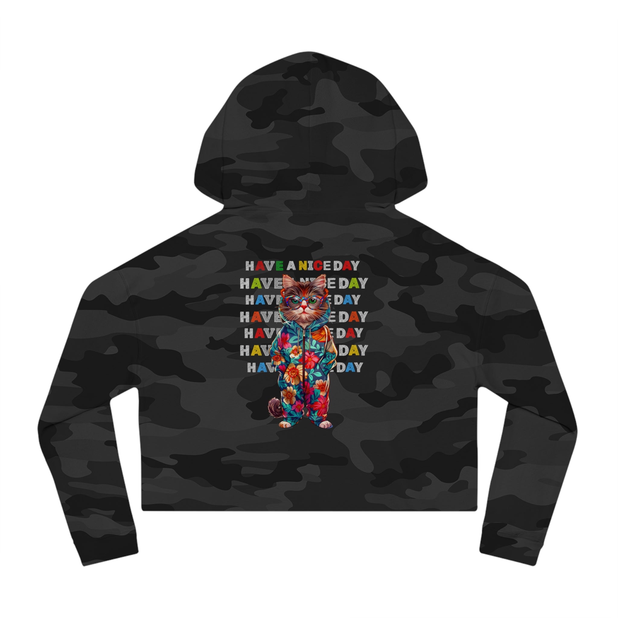Floral Cat Women’s Cropped Hoodie - 'Have a Nice Day' Tie-Dye Sweatshirt - Angel Body