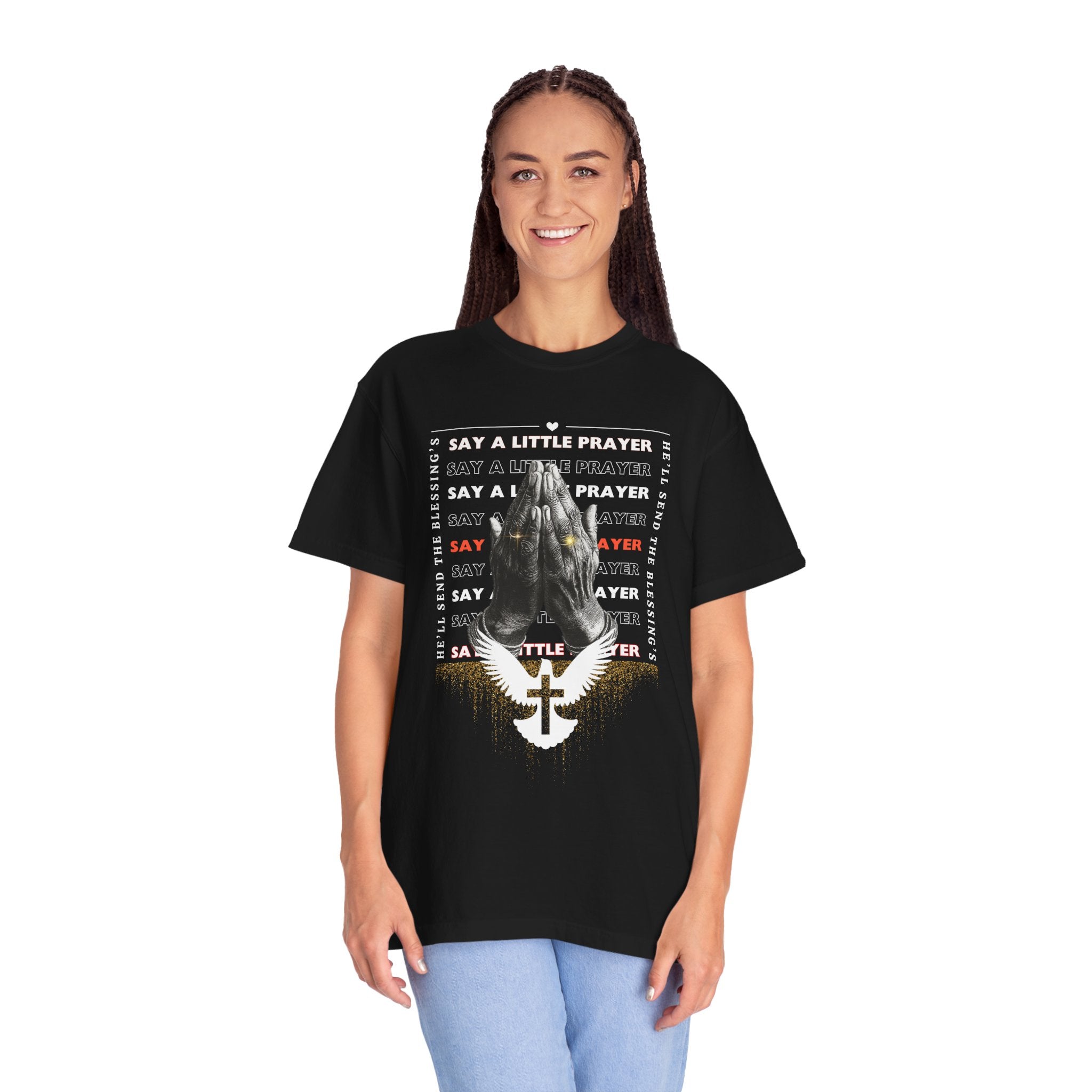 Navy Prayer Graphic Unisex T-Shirt - Say A Little Prayer Design - Angel Body