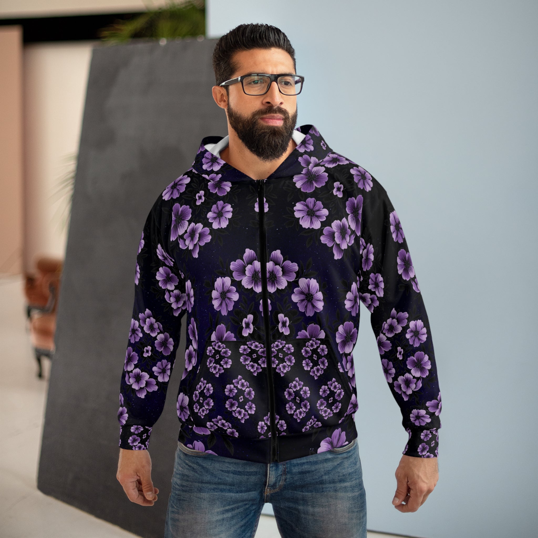 Floral Purple Passion Night Bloom Unisex Zip Hoodie - Cozy & Stylish - Angel Body