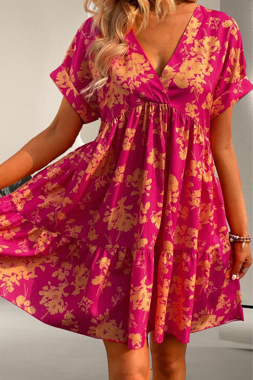 Printed Surplice Short Sleeve Mini Dress - Angel Body