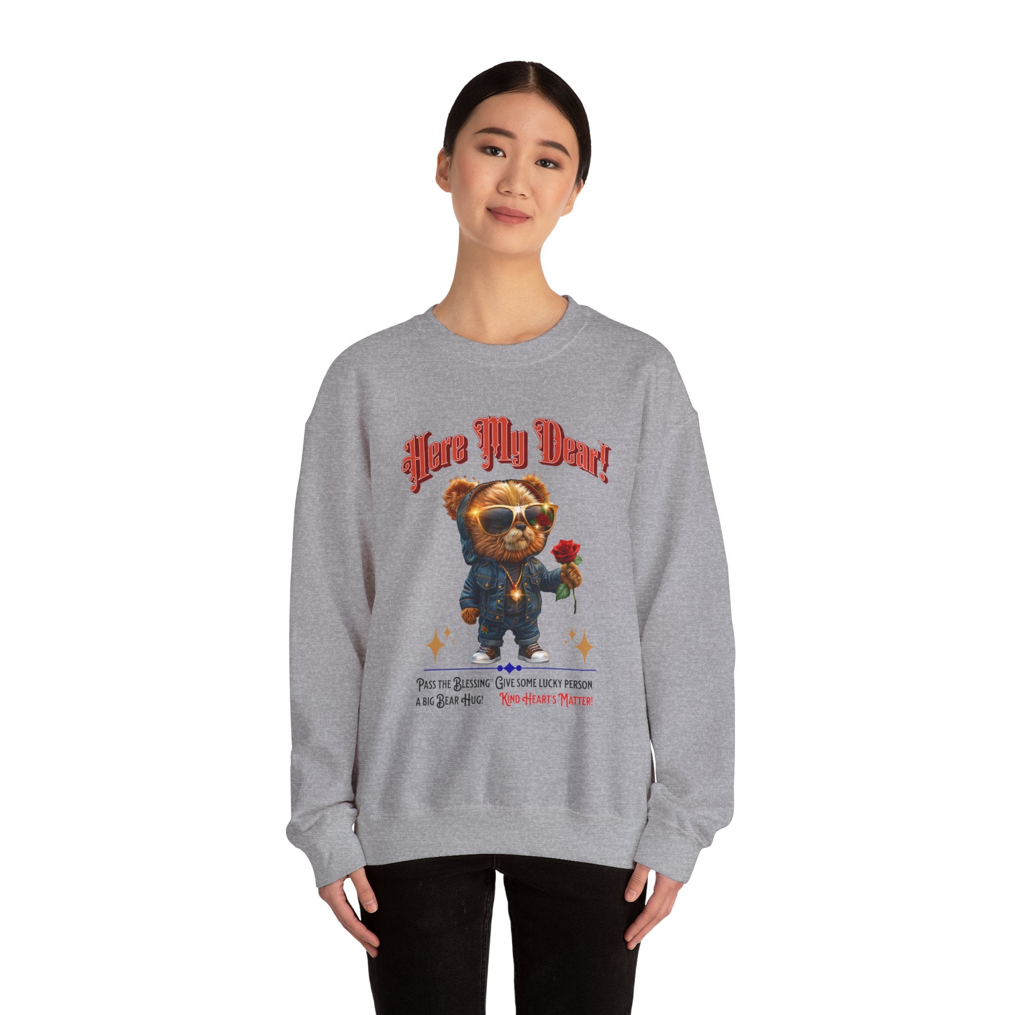 Unisex Sweatshirt: HERE MY DEAR Teddy Bear with red Rose - Angel Body