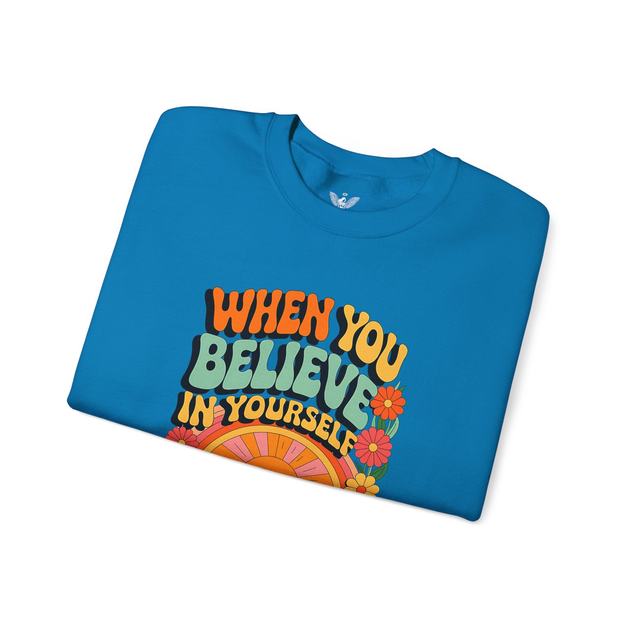 Inspirational Crewneck Sweatshirt - "Believe in Yourself" - Unisex Heavy Blend™ - Angel Body