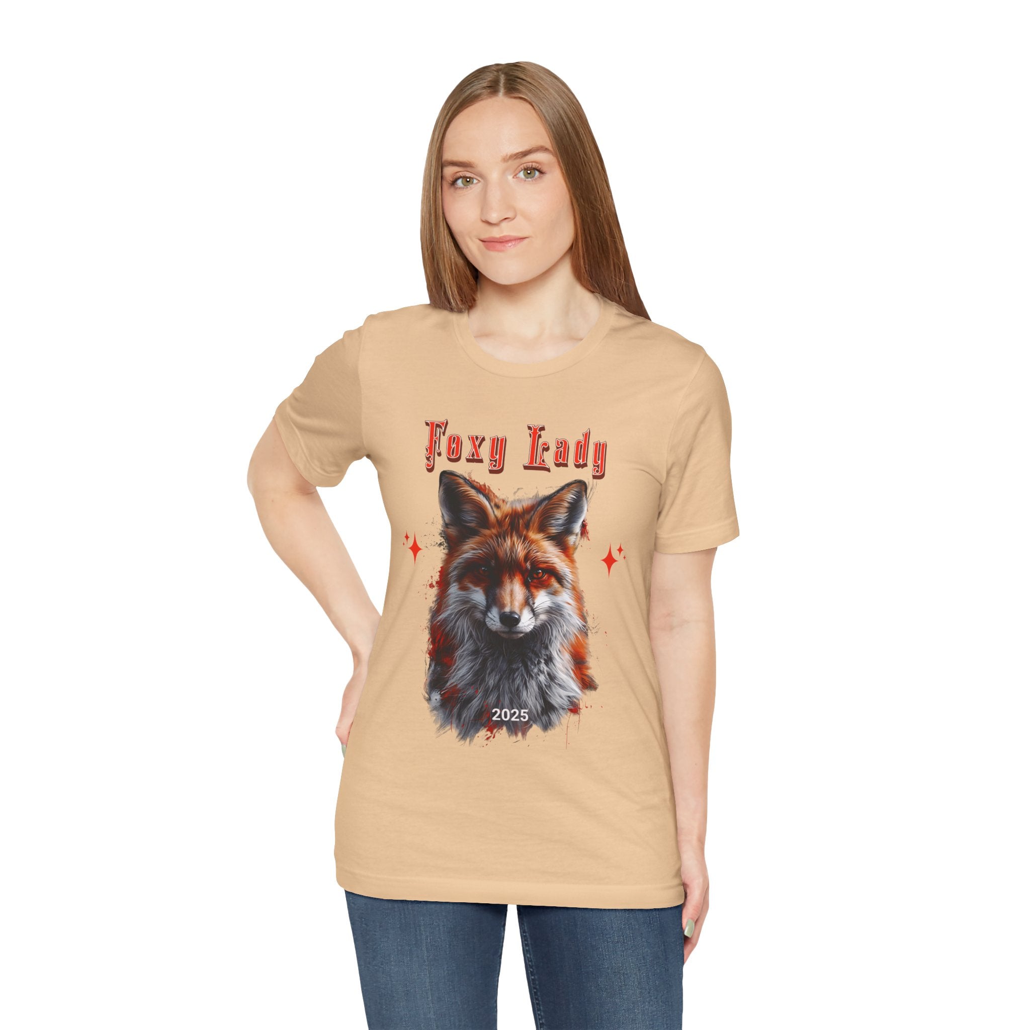 Unisex Jersey Short Sleeve Tee: A beautiful Red Fox with the words foxy lady - Angel Body