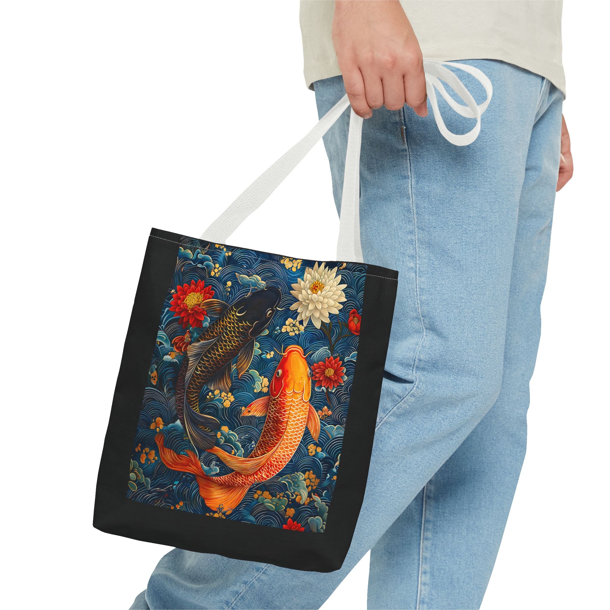 Elegant Koi Fish Tote Bag - Bright Blue Floral Design - Angel Body