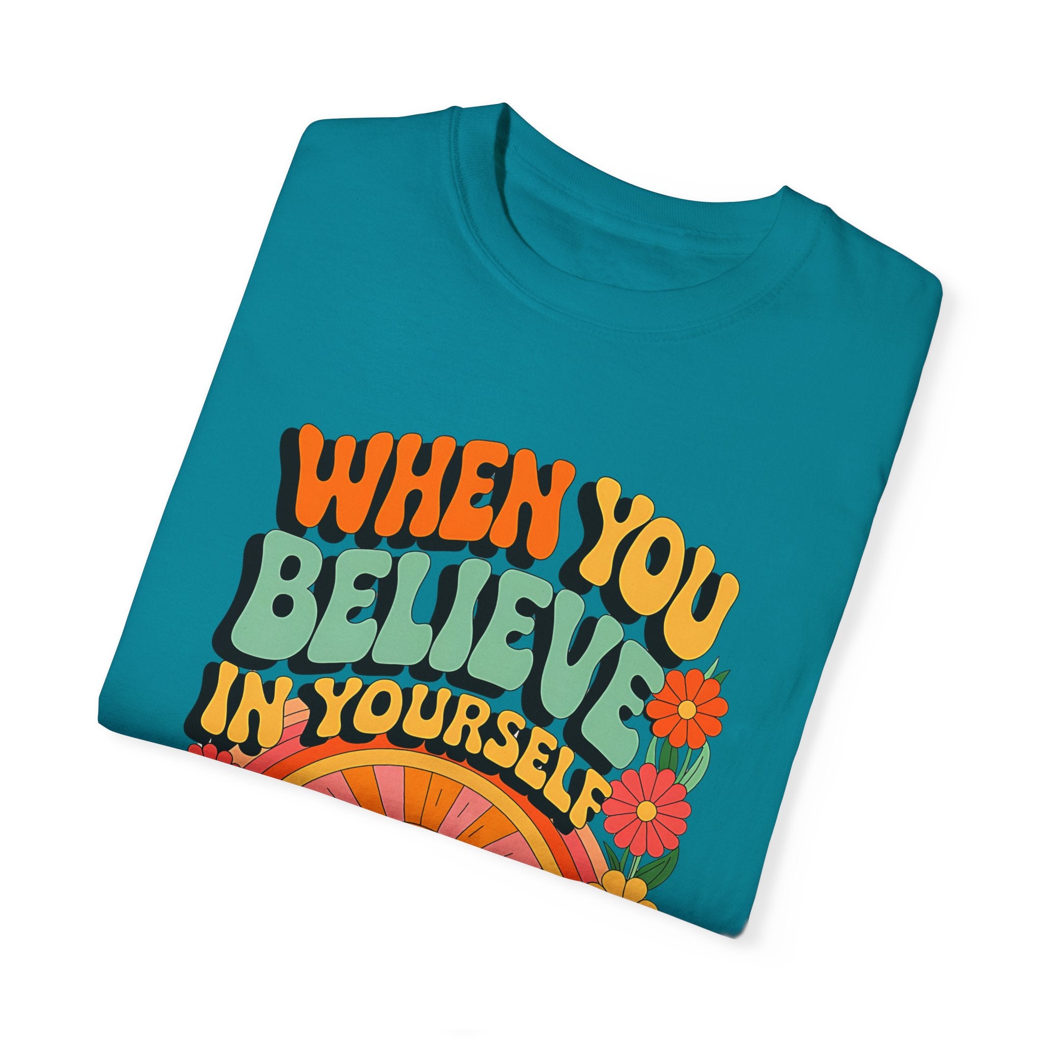 Motivational Unisex Garment-Dyed T-Shirt - 'Believe in Yourself' Design - Angel Body