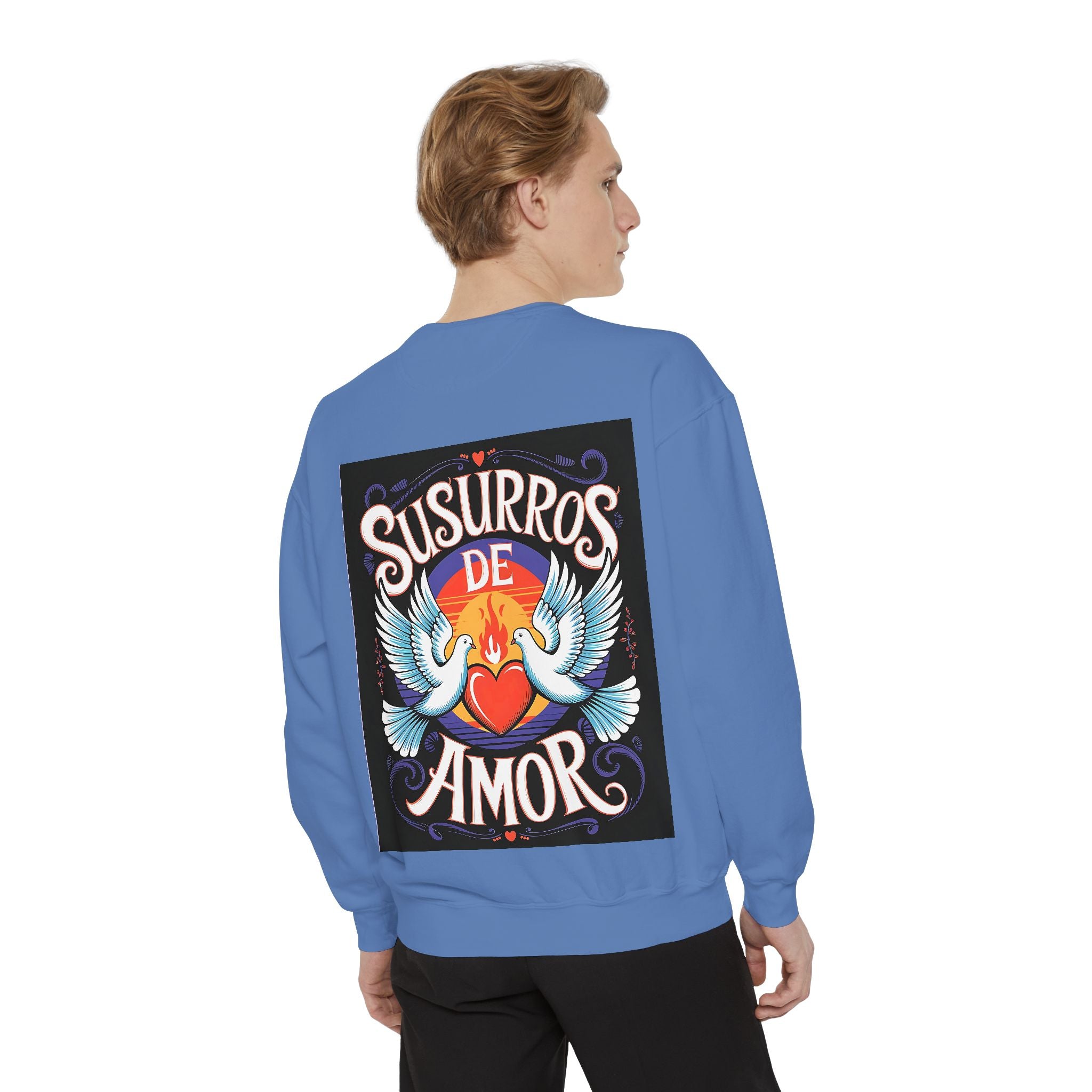 Unisex Love-Themed Garment-Dyed Sweatshirt - 'Susurros de Amor' - Angel Body