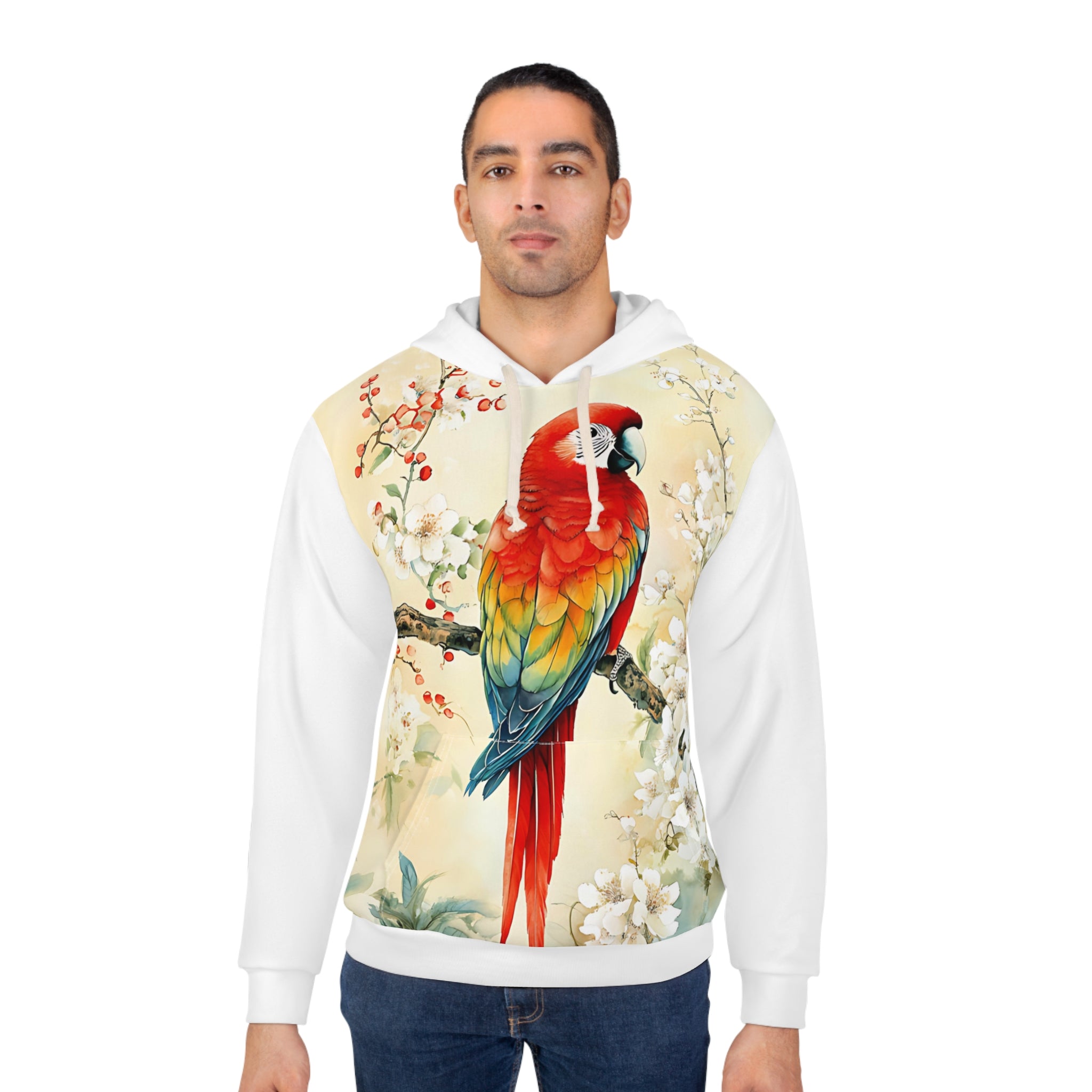 Vibrant Parrot Floral Unisex Pullover Hoodie - Tropical Style for Nature Lovers - Angel Body