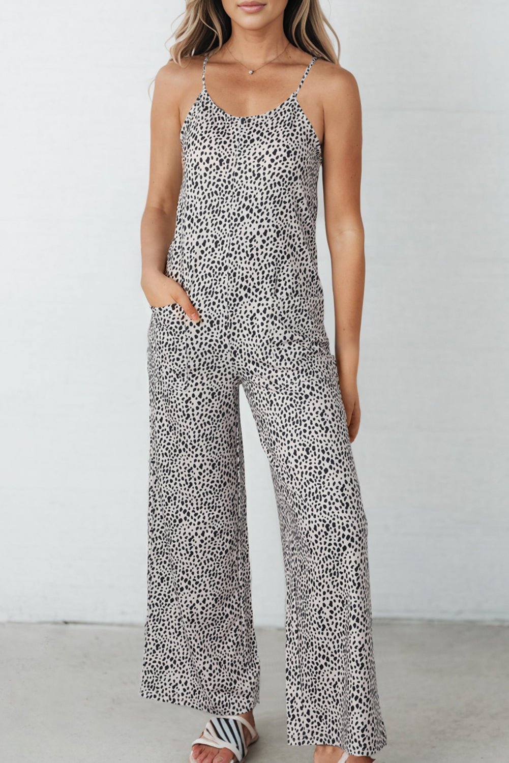 Printed Spaghetti Strap Jumpsuit with Pockets - Angel Body