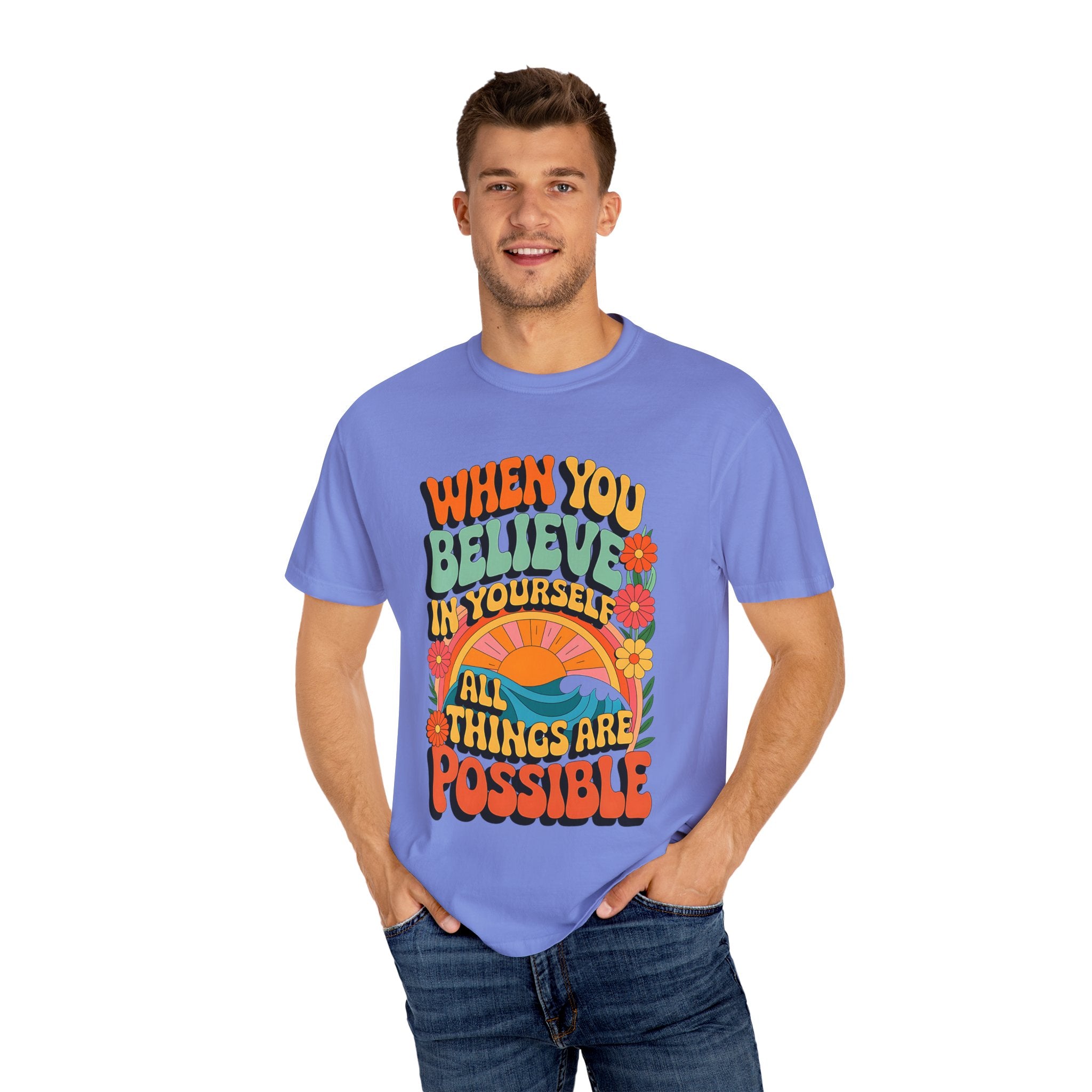 Motivational Unisex Garment-Dyed T-Shirt - 'Believe in Yourself' Design - Angel Body