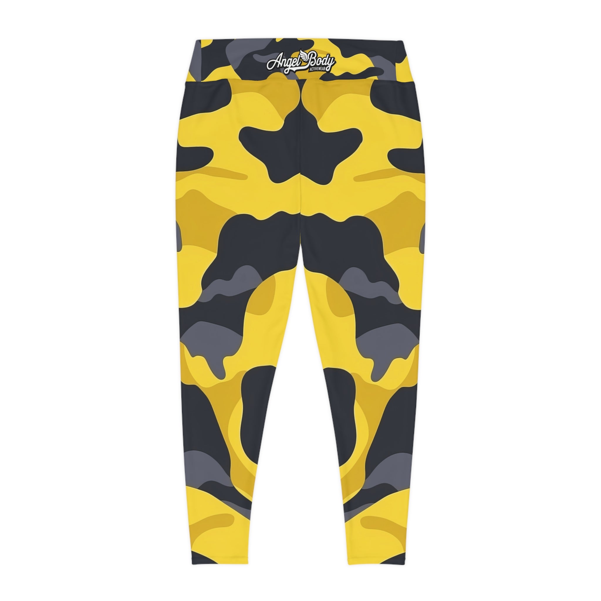 Woman's Bold Yellow Camo Plus Size Leggings - Stylish and Comfortable Activewear - Angel Body