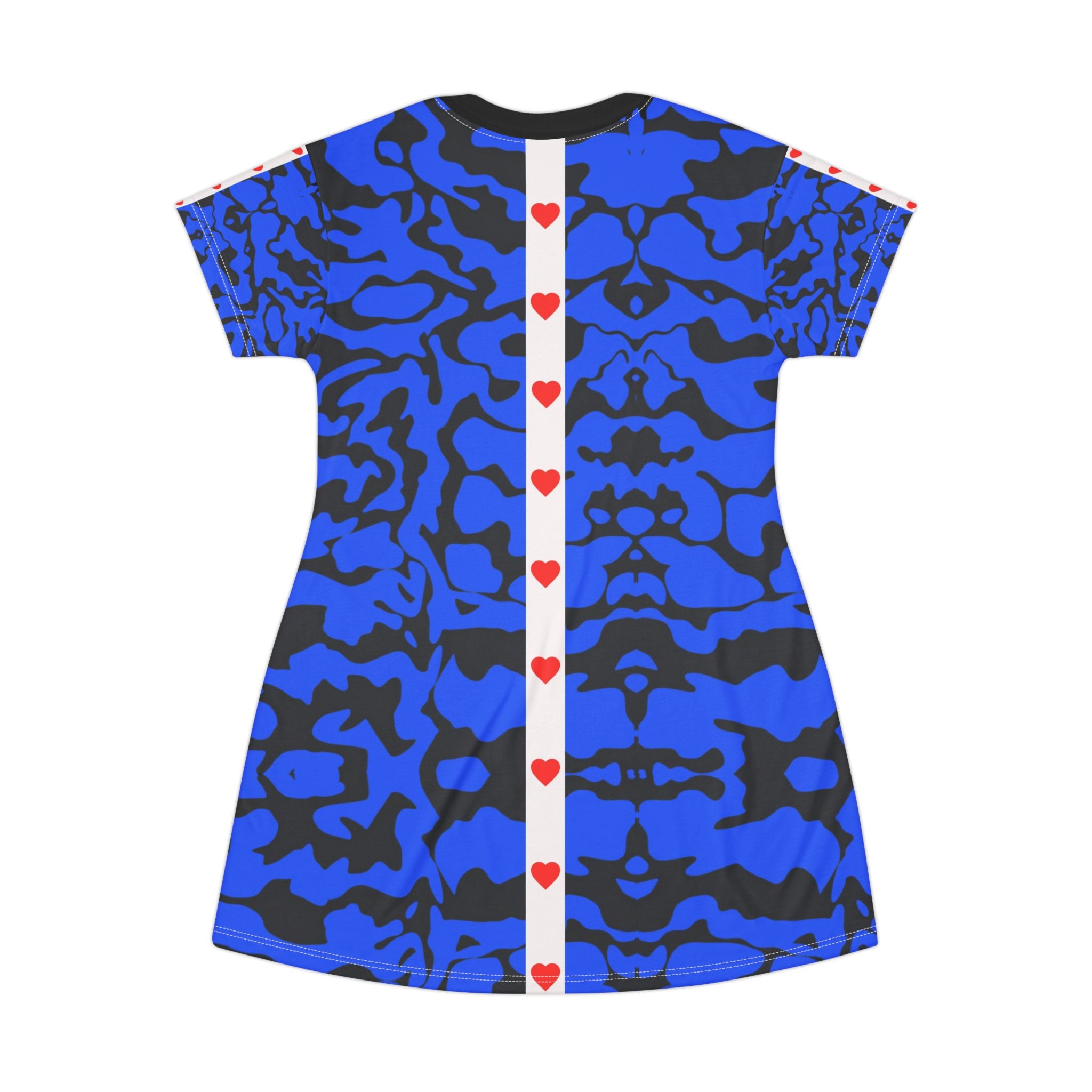 Chic Blue Camouflage T-Shirt Dress with Red Heart Detail - Angel Body