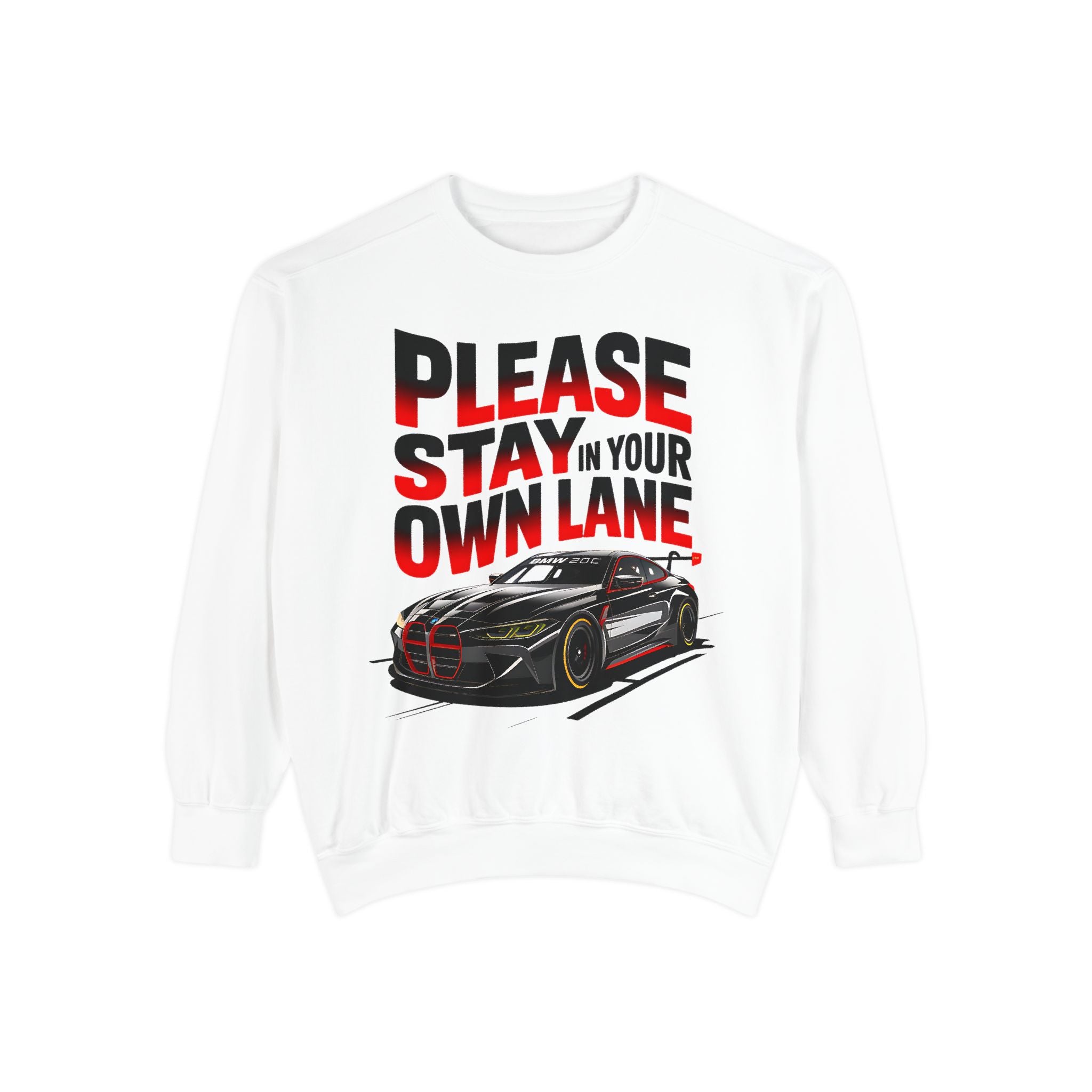 Unisex Garment-Dyed Sweatshirt - 'Please Stay In Your Own Lane' Racing Design - Angel Body