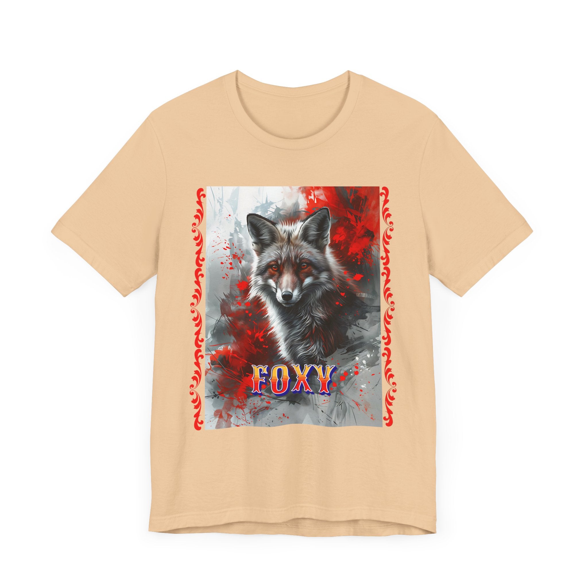 Unisex Jersey Short Sleeve Tee: A lovely painting design of a Red Fox with the word FOXY - Angel Body