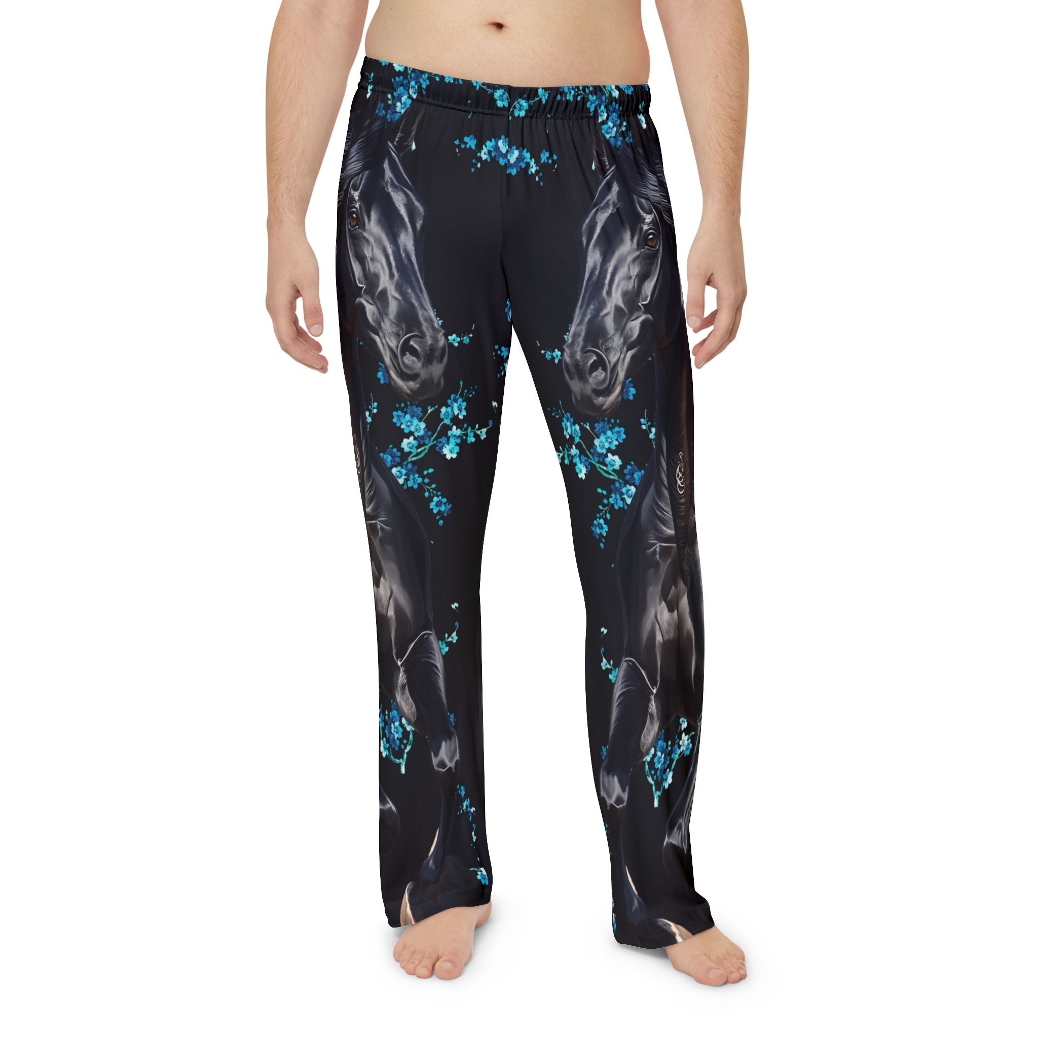 Men's Pajama Pants with Elegant Black Lipizzaner Stallion and Floral Design - Angel Body