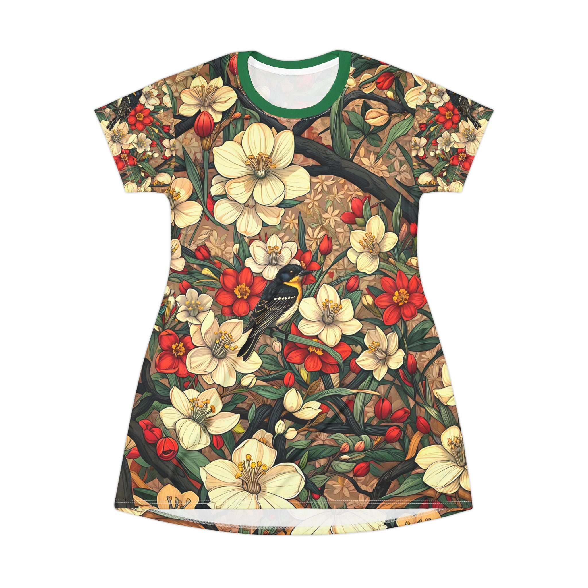 Boho Floral T-Shirt Dress with Bird Design - Angel Body