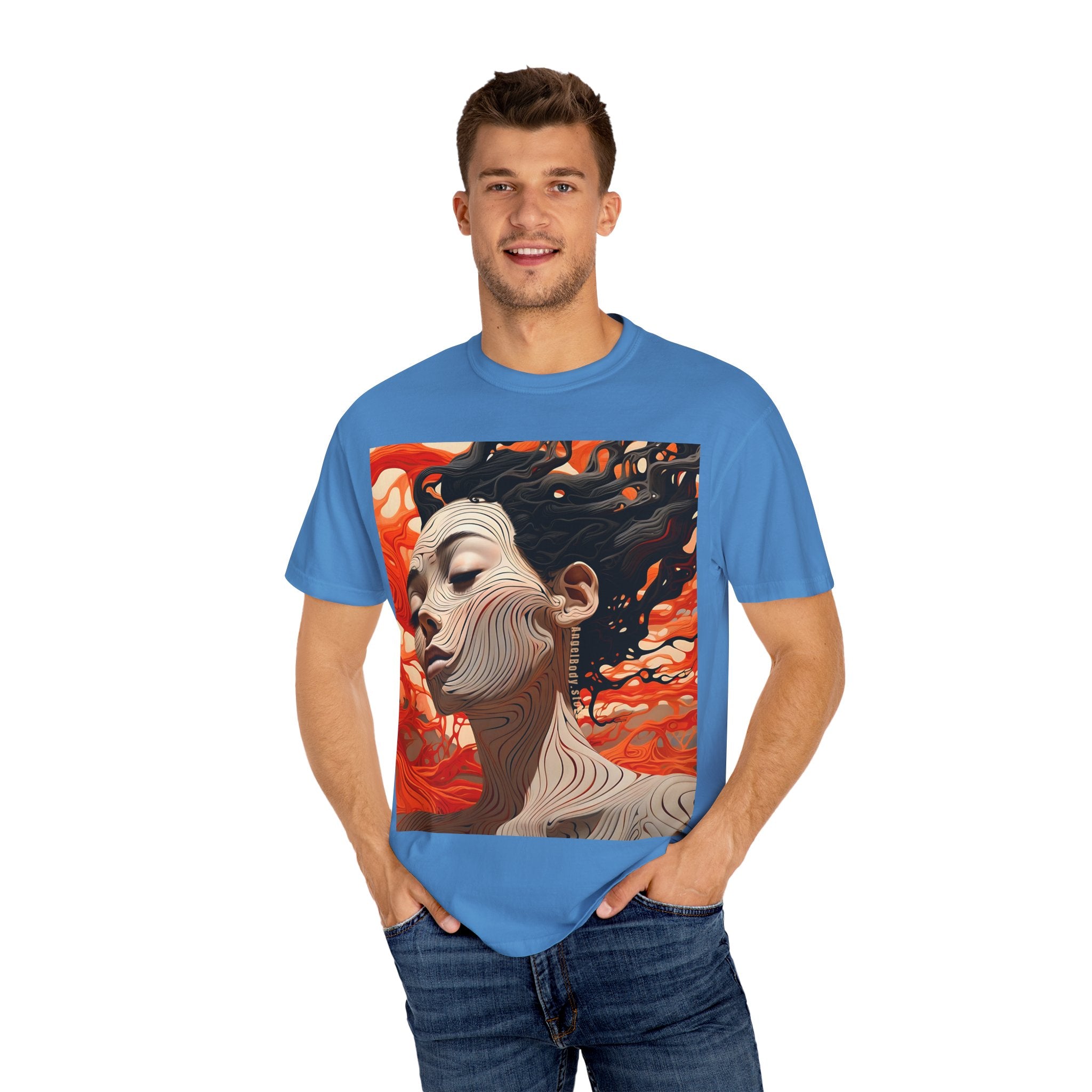 Artistic Unisex Garment-Dyed T-Shirt with Abstract female face Profile Design - Angel Body