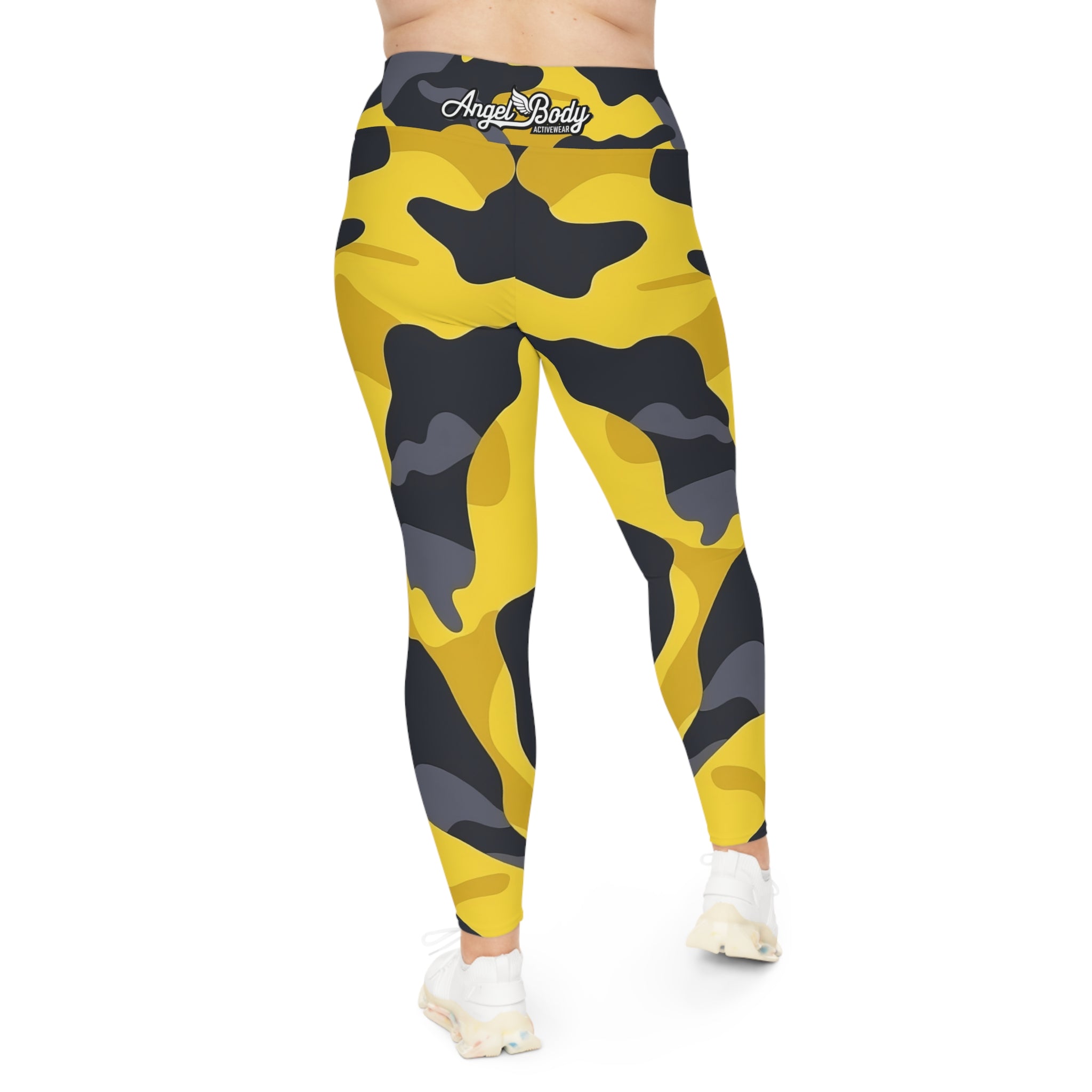 Woman's Bold Yellow Camo Plus Size Leggings - Stylish and Comfortable Activewear - Angel Body
