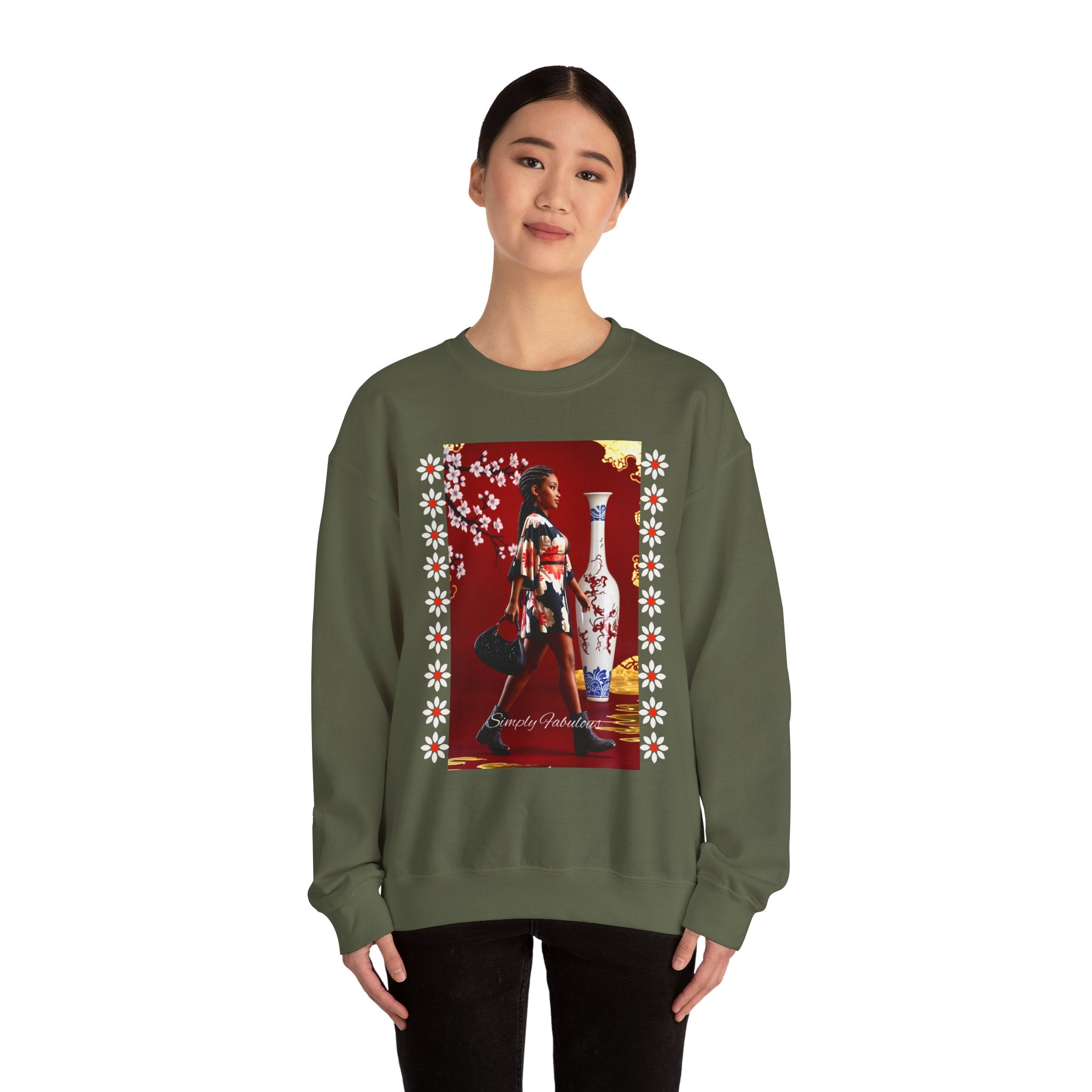 Elegant Asian-Inspired Graphic Crewneck Sweatshirt - Angel Body