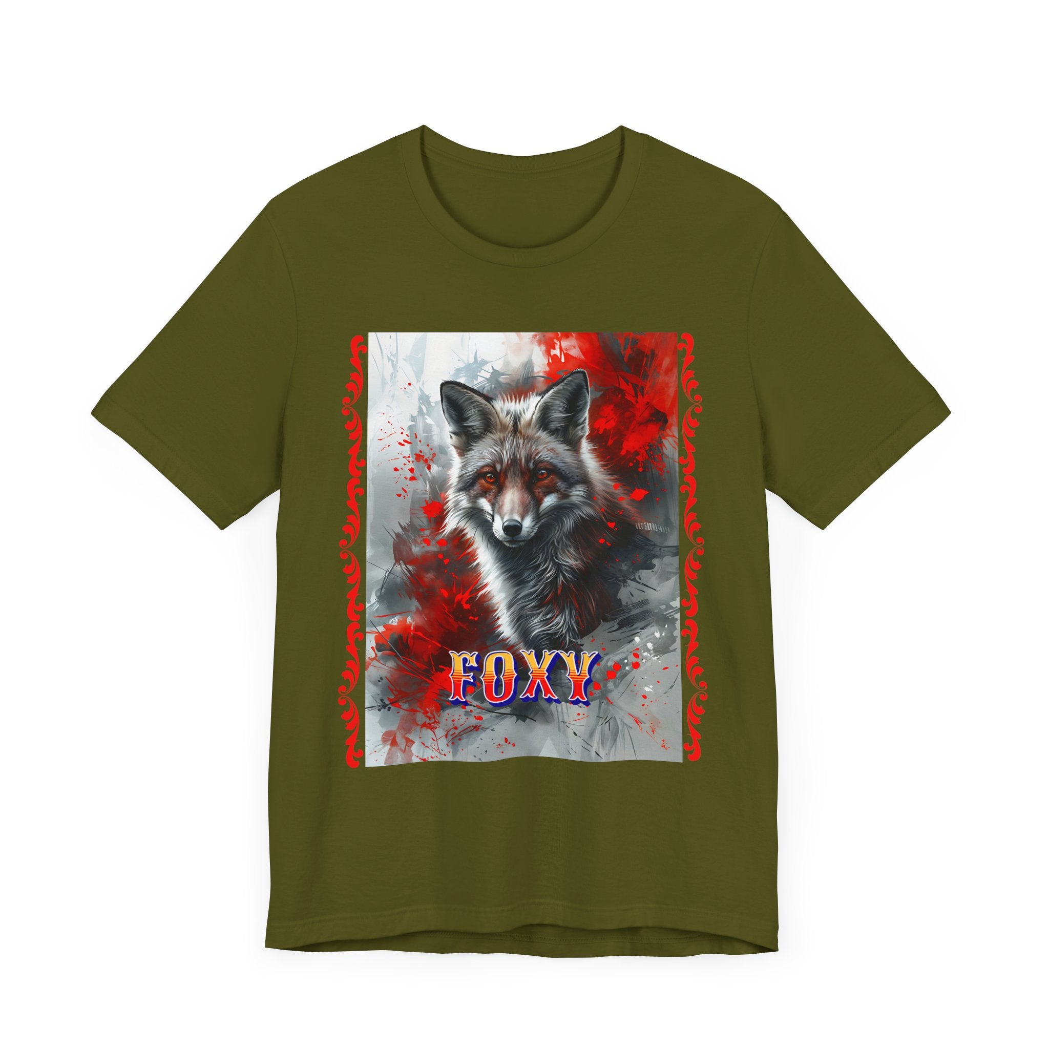 Unisex Jersey Short Sleeve Tee: A lovely painting design of a Red Fox with the word FOXY - Angel Body