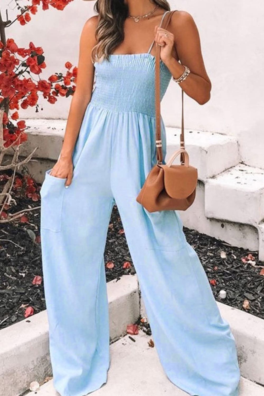 Smocked Spaghetti Strap Wide Leg Jumpsuit - Angel Body